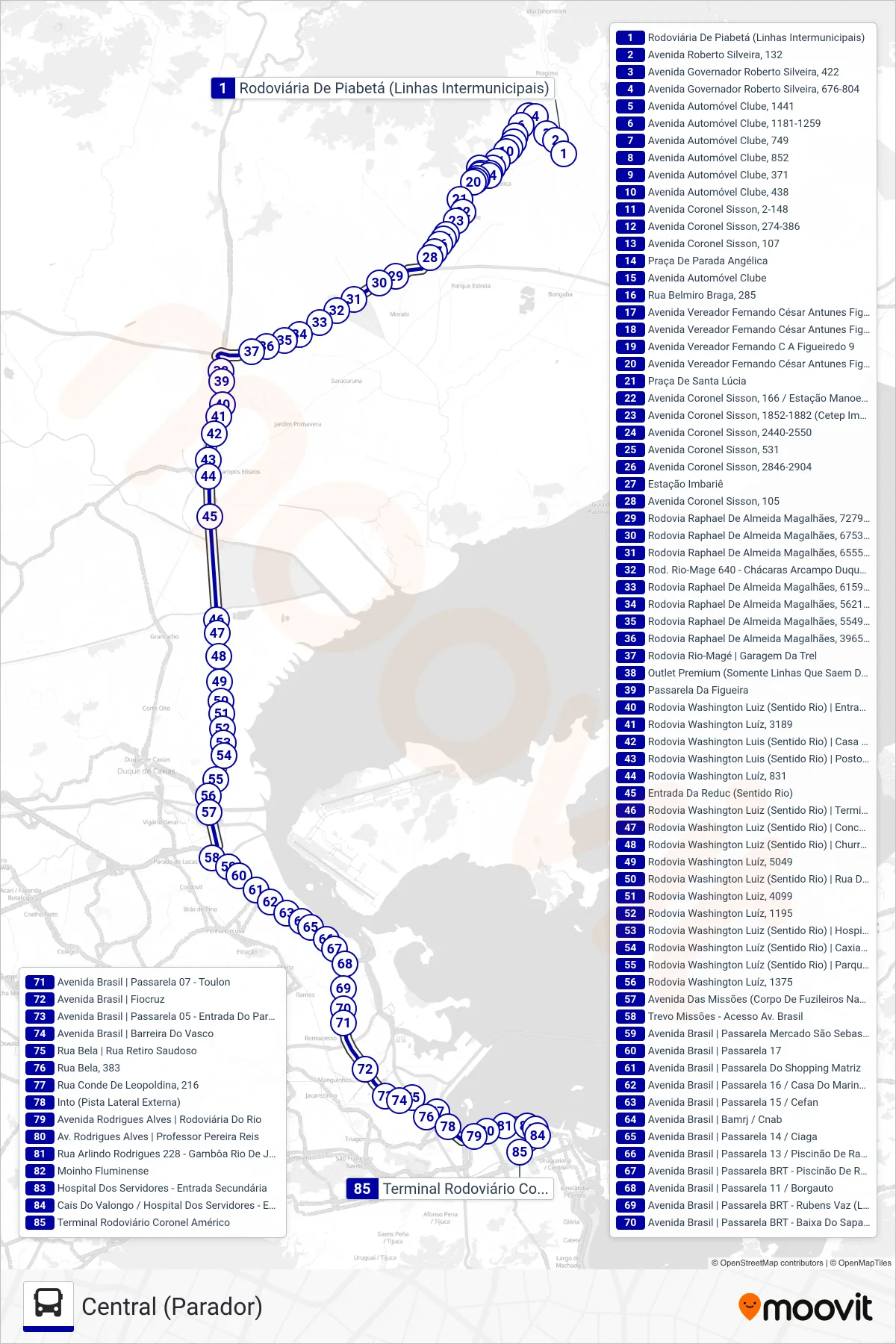 Rota e paradas da linha de ônibus 468C (Central (Parador)) no mapa