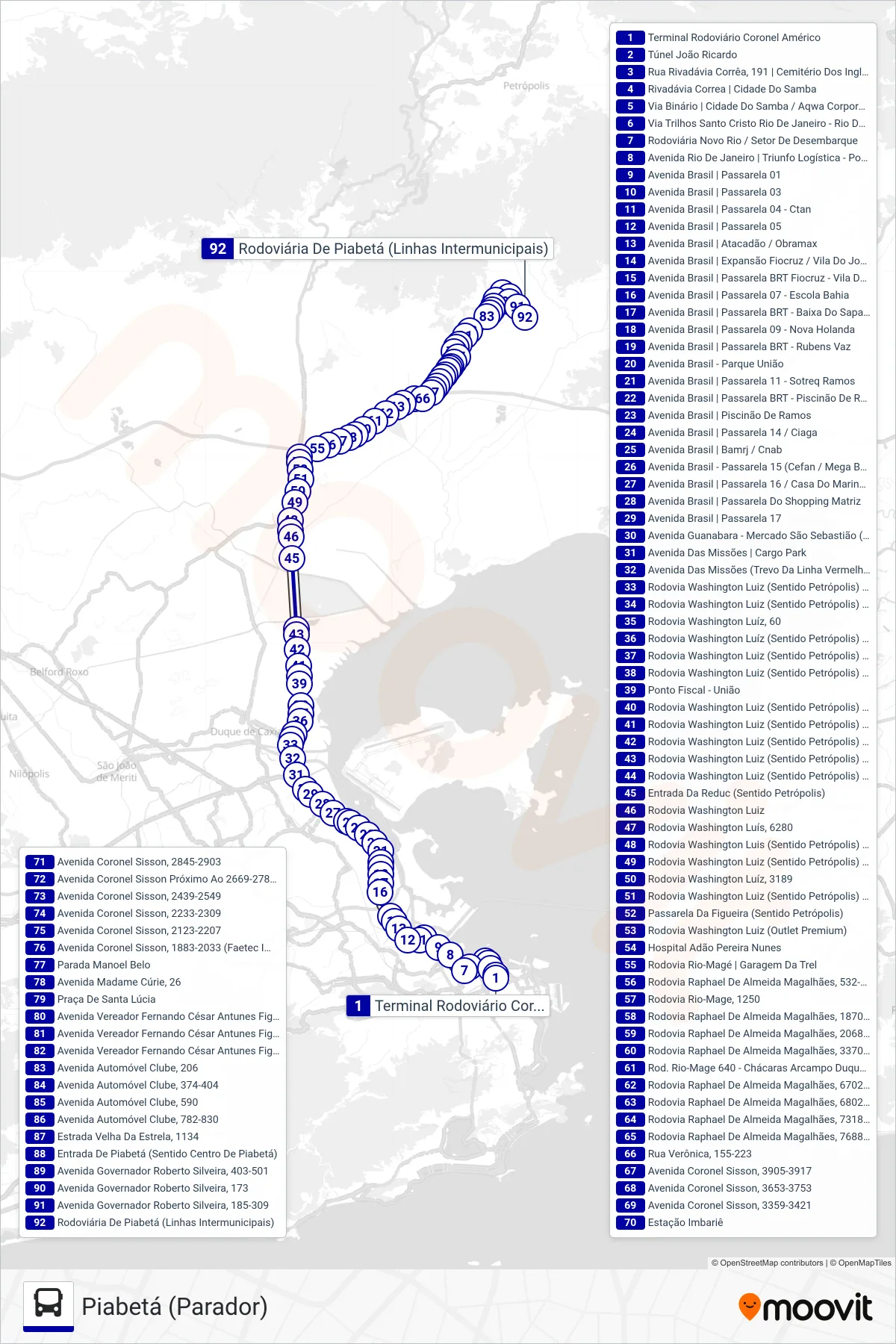 Rota e paradas da linha de ônibus 468C (Piabetá (Parador)) no mapa