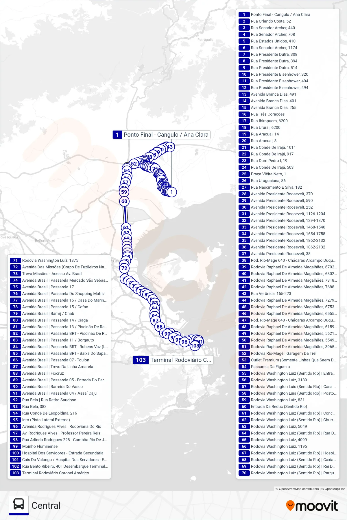 Rota e paradas da linha de ônibus  472C  (Central) no mapa