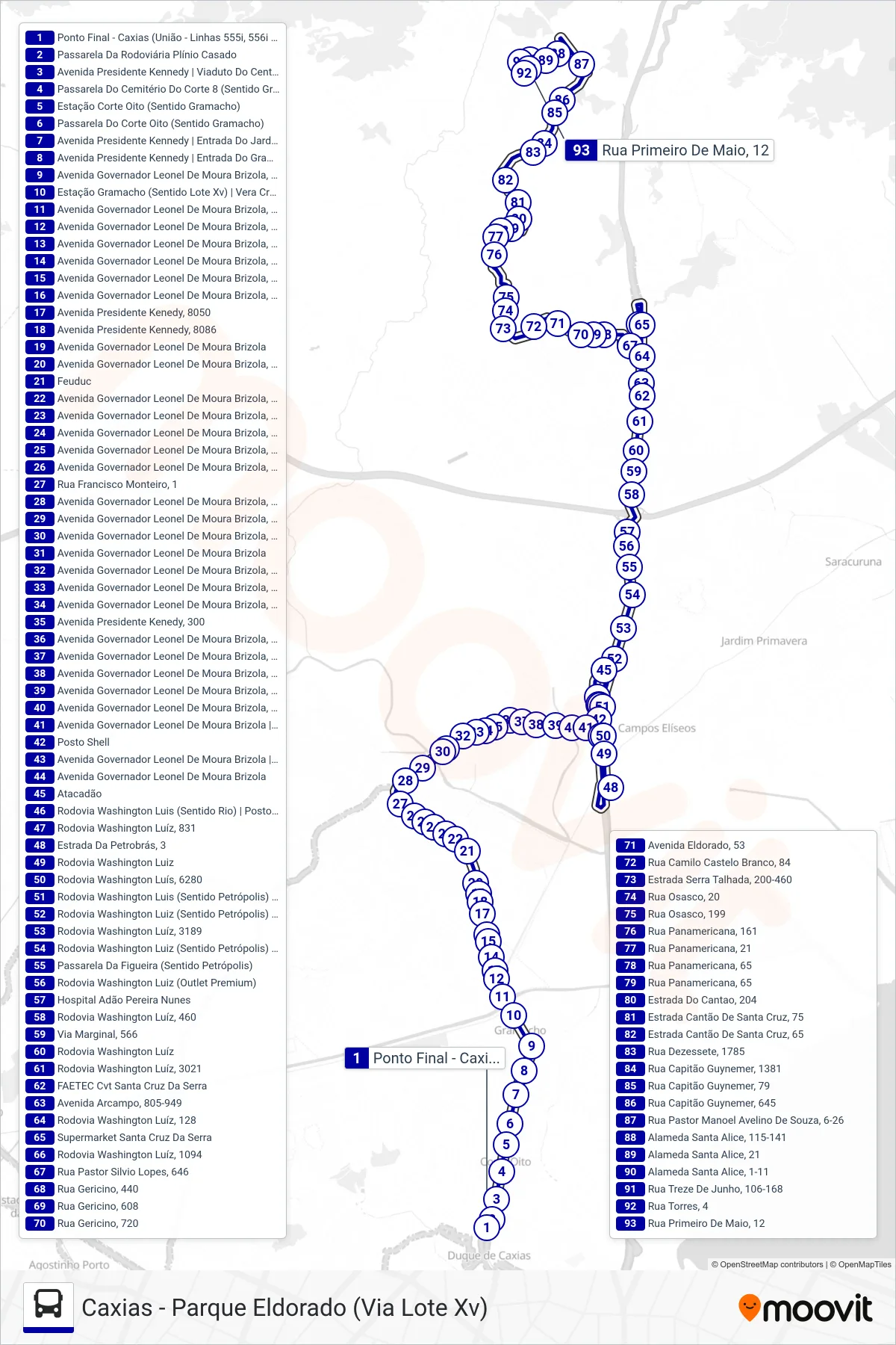 Rota e paradas da linha de ônibus 558I (Parque Eldorado / Vila Santa Alice) no mapa