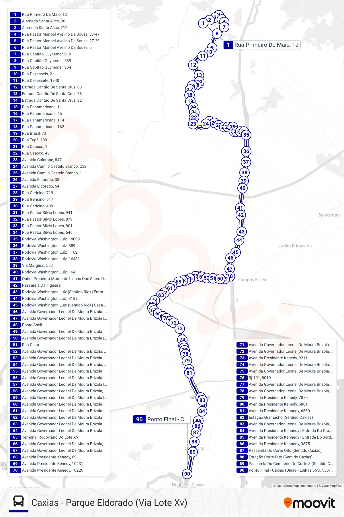 Rota e paradas da linha de ônibus 558I (Caxias) no mapa