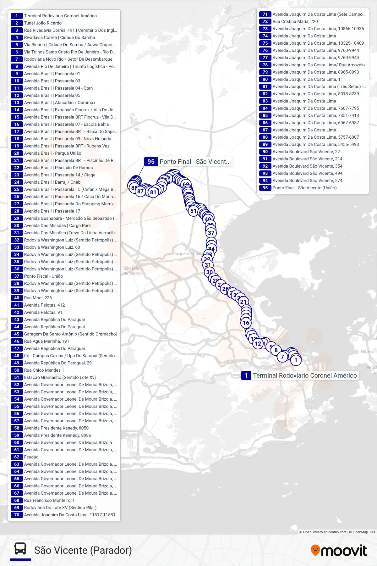 Rota e paradas da linha de ônibus 559B (São Vicente (Parador)) no mapa