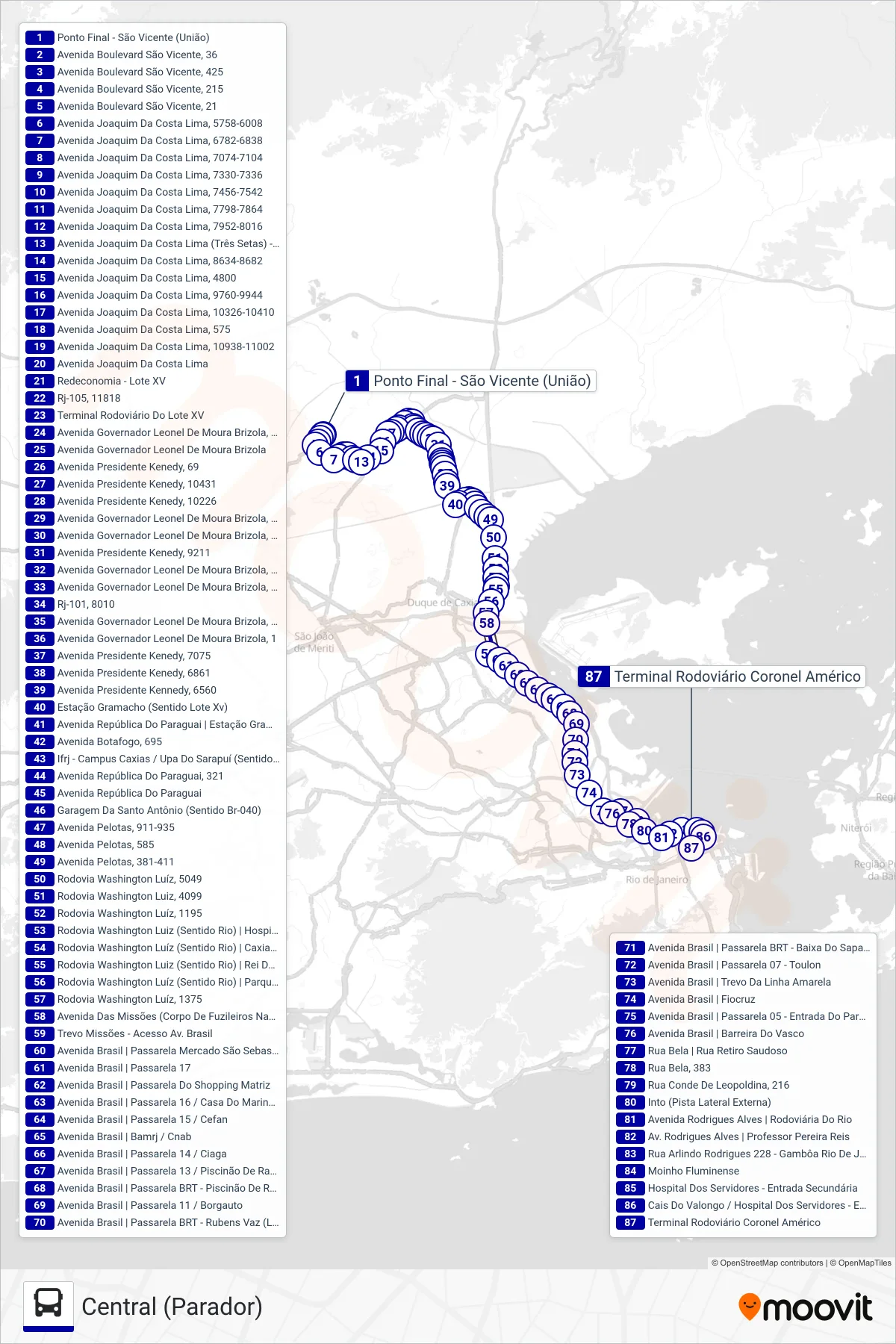 Rota e paradas da linha de ônibus 559B (Central (Parador)) no mapa