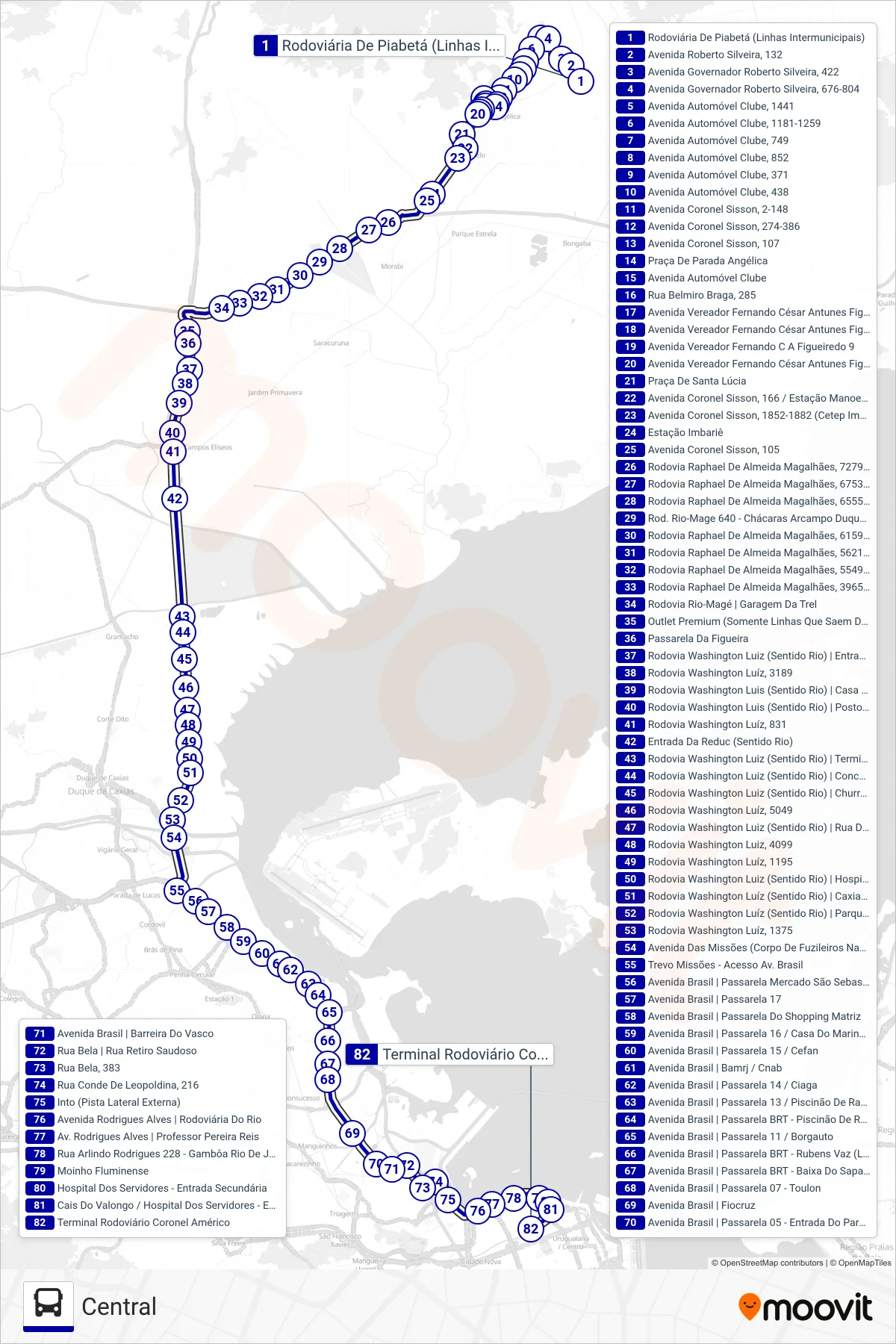 Rota e paradas da linha de ônibus 3461C (Central) no mapa