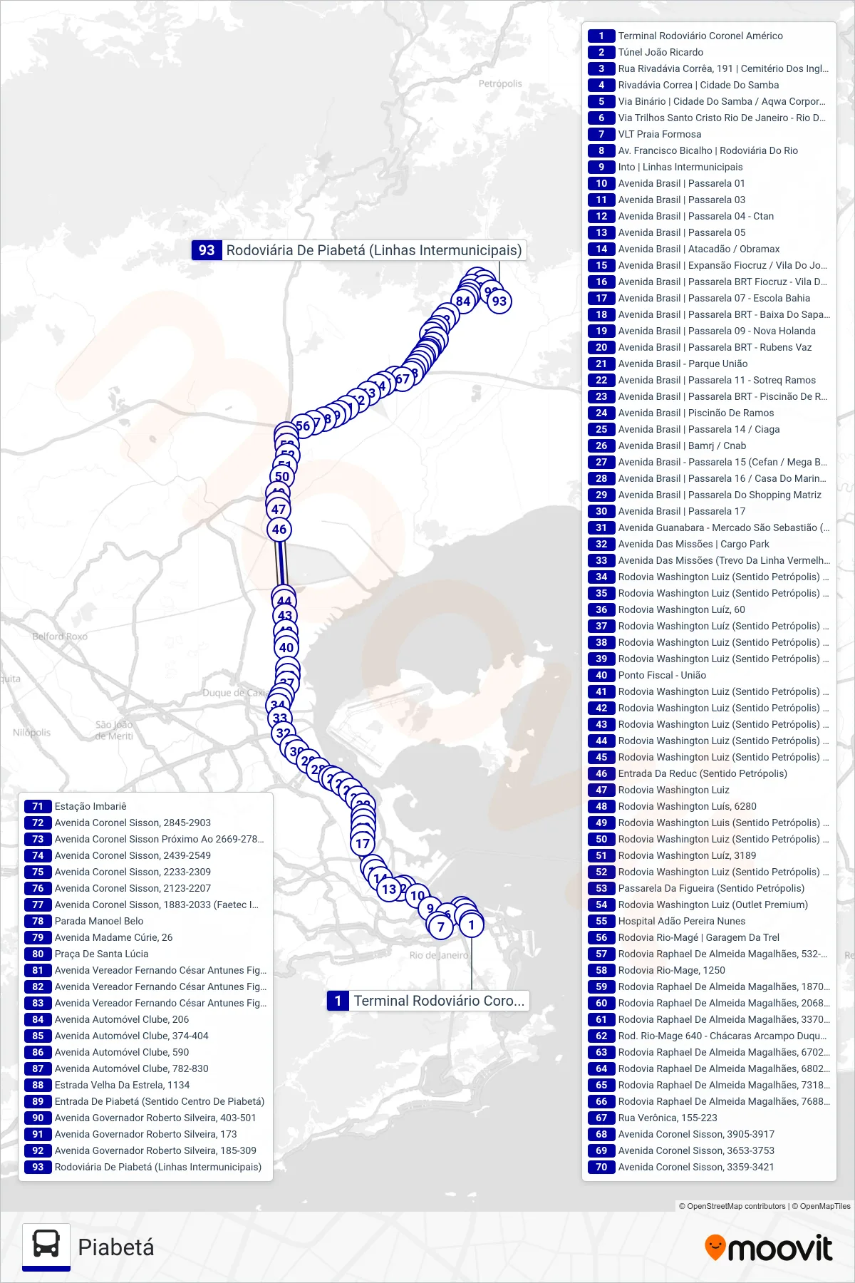 Rota e paradas da linha de ônibus 3461C (Piabetá) no mapa