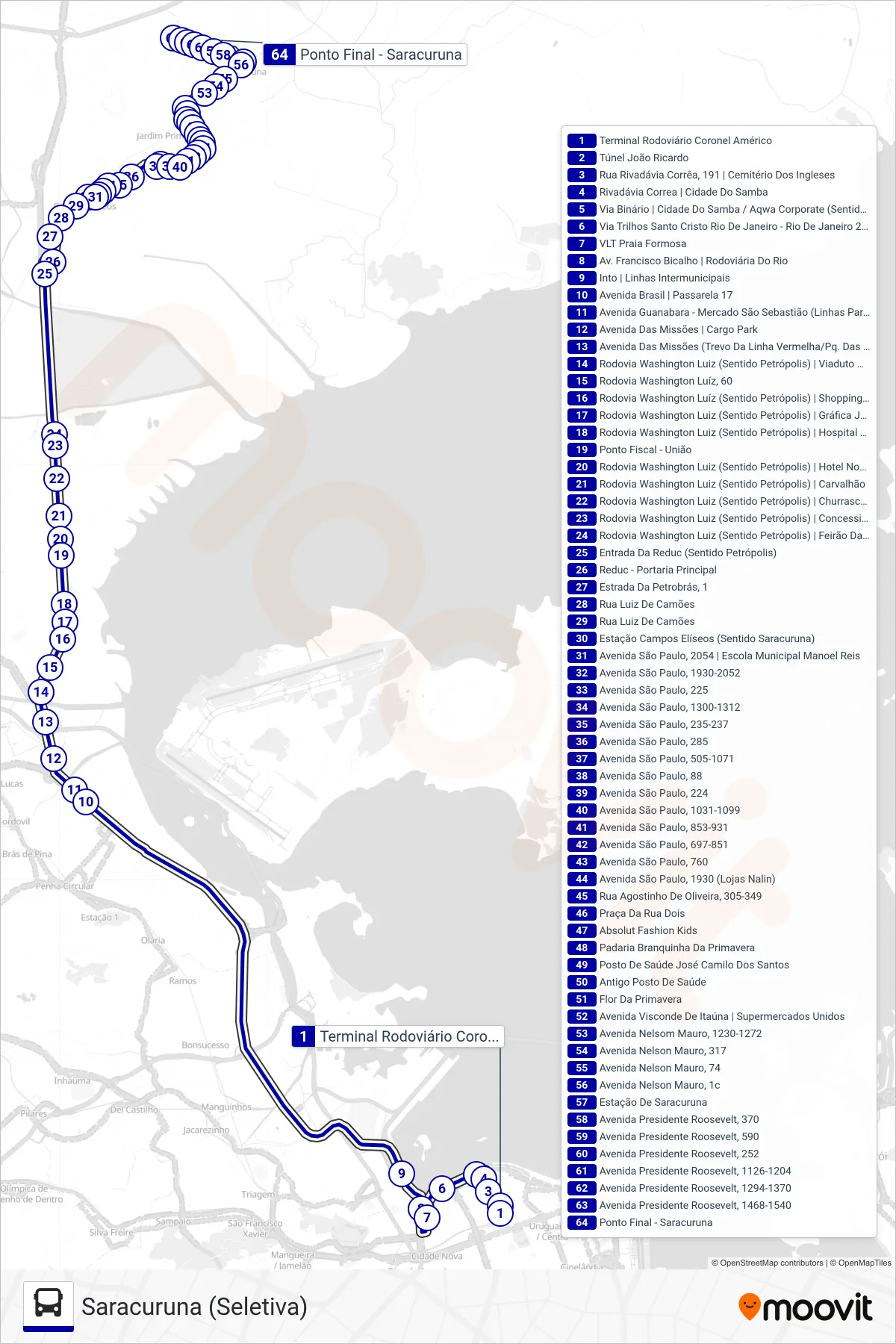 Rota e paradas da linha de ônibus 3471C (Saracuruna (Seletiva)) no mapa