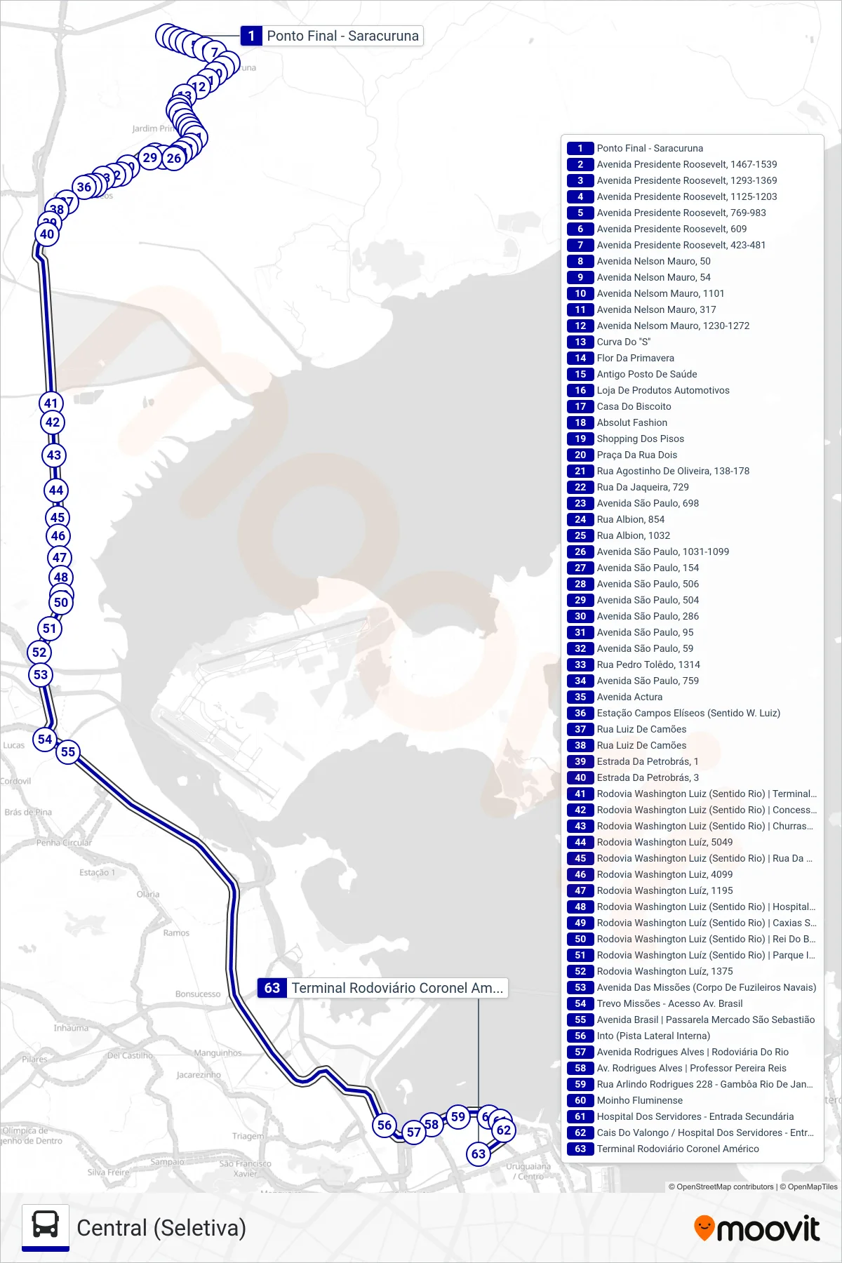 Rota e paradas da linha de ônibus  3471C  (Central (Seletiva)) no mapa