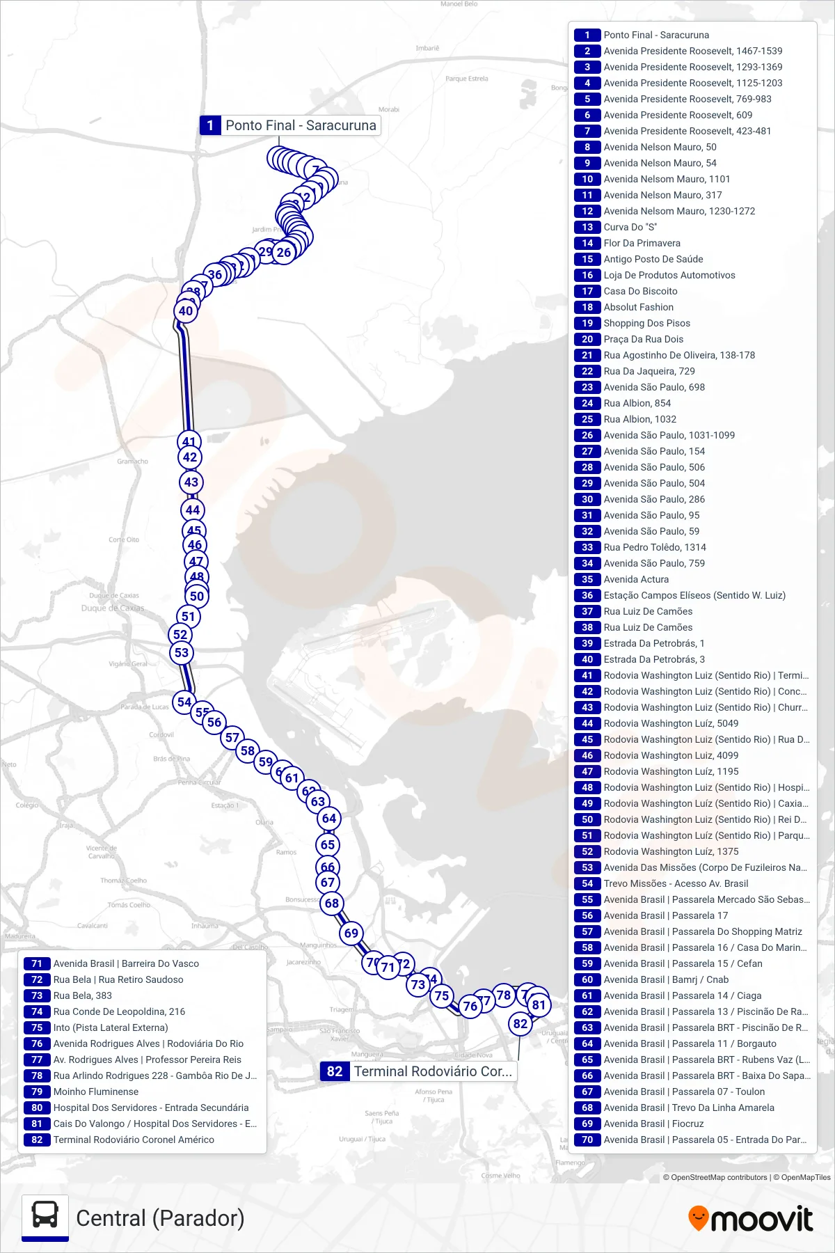 Rota e paradas da linha de ônibus 3471C (Central (Parador)) no mapa