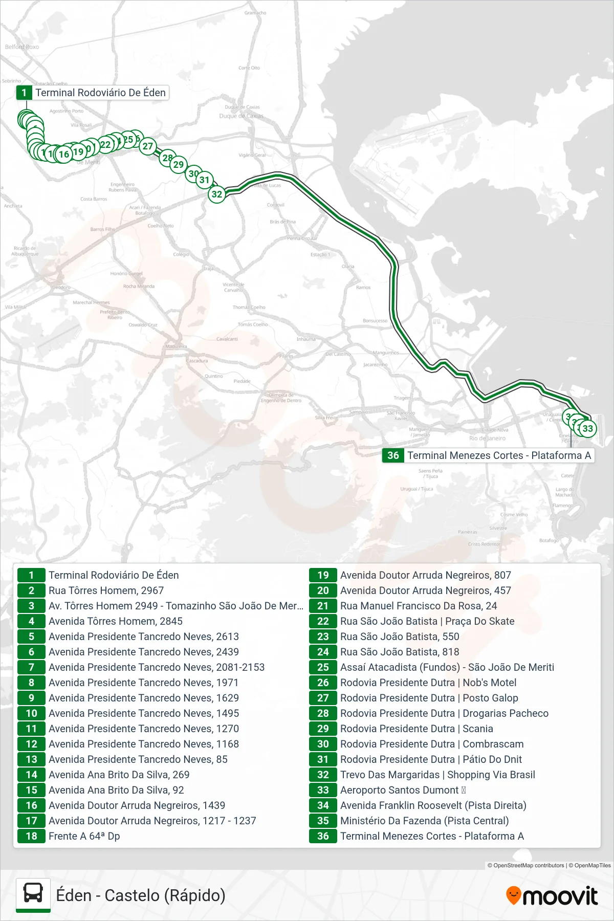 Rota e paradas da linha de ônibus 1140B (EXECUTIVO) (Castelo) no mapa