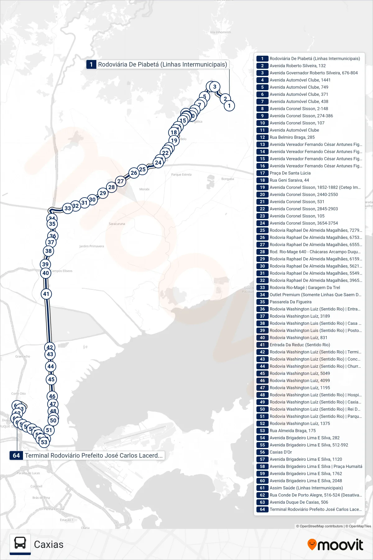 Rota e paradas da linha de ônibus 404I (Caxias) no mapa