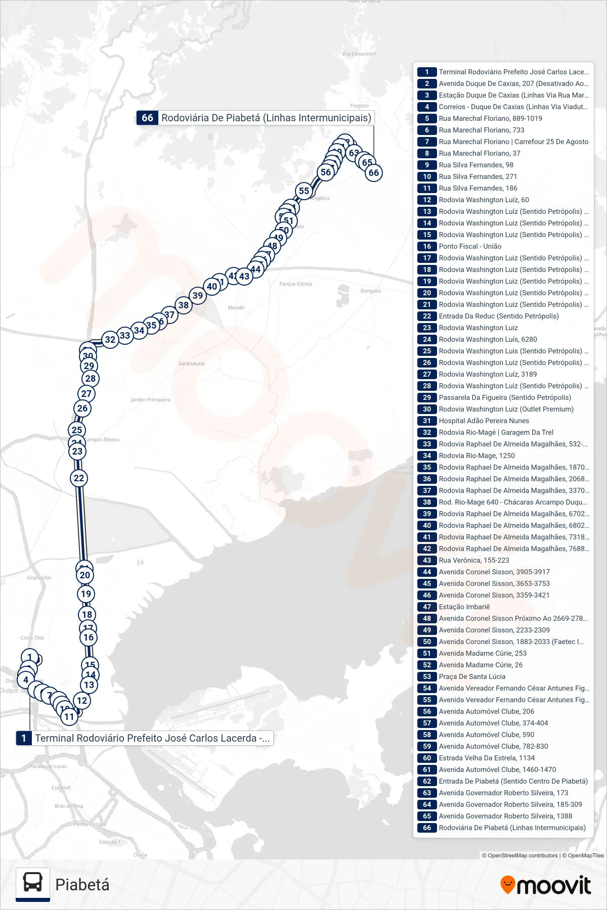 Rota e paradas da linha de ônibus  404I  (Piabetá) no mapa