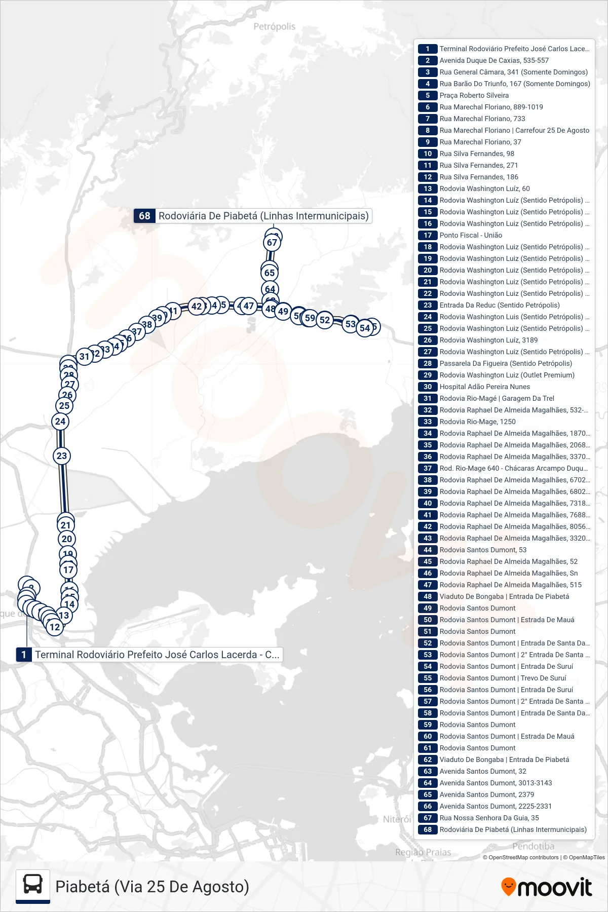 Rota e paradas da linha de ônibus 406I (Piabetá (Via 25 De Agosto)) no mapa