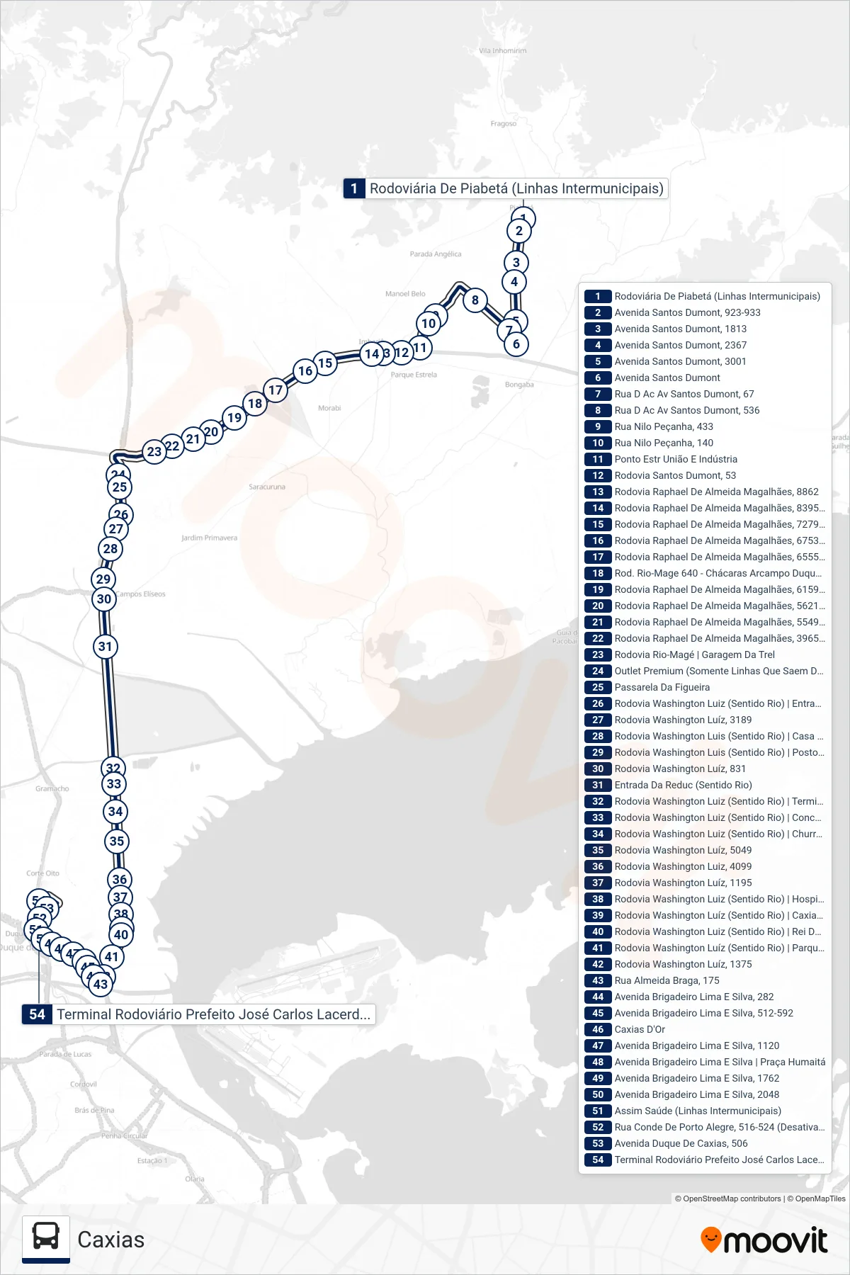 Rota e paradas da linha de ônibus 406I (Caxias) no mapa