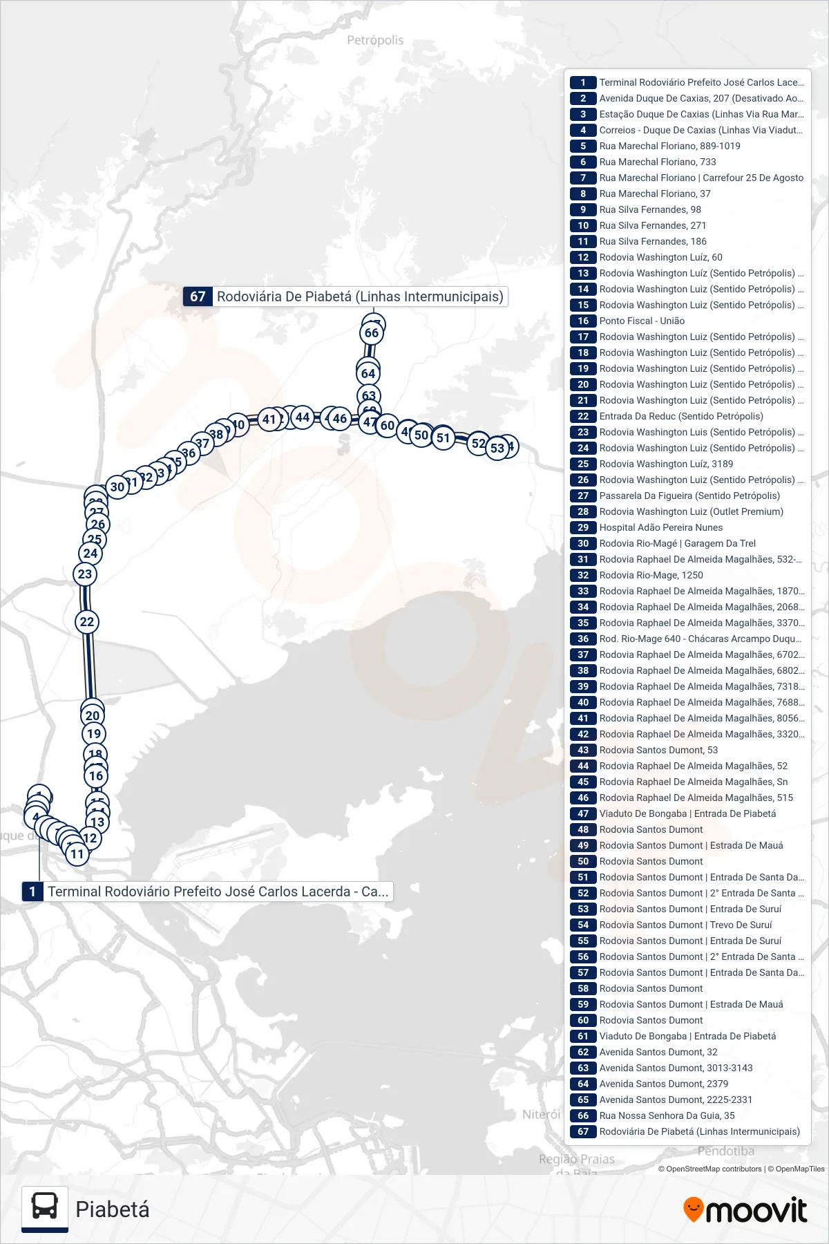Rota e paradas da linha de ônibus 406I (Piabetá) no mapa