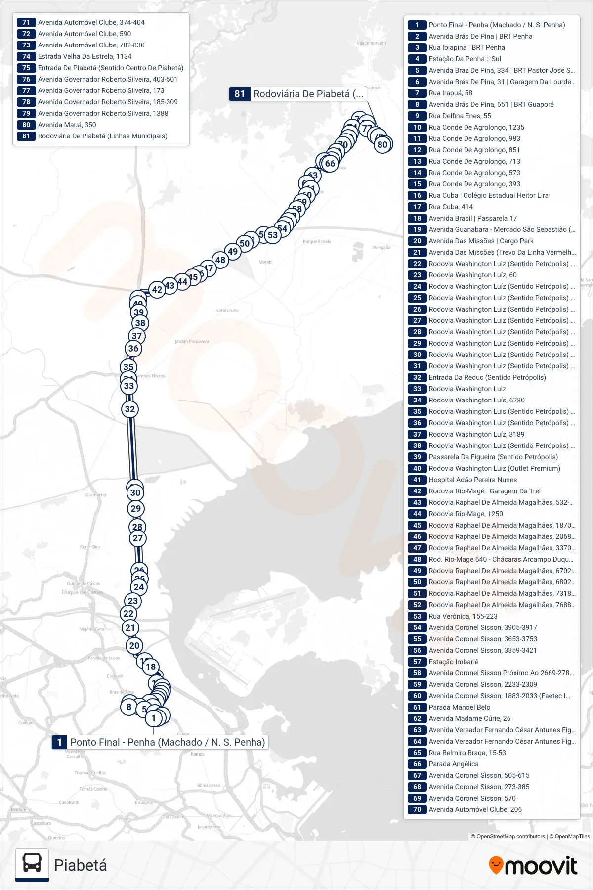 Rota e paradas da linha de ônibus  444L  (Piabetá) no mapa