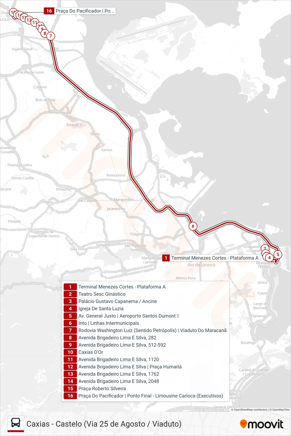 Rota e paradas da linha de ônibus 2950C (EXECUTIVO) (Caxias) no mapa