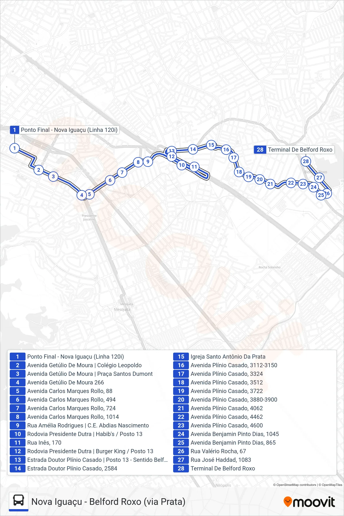 Rota e paradas da linha de ônibus  120I  (Belford Roxo) no mapa