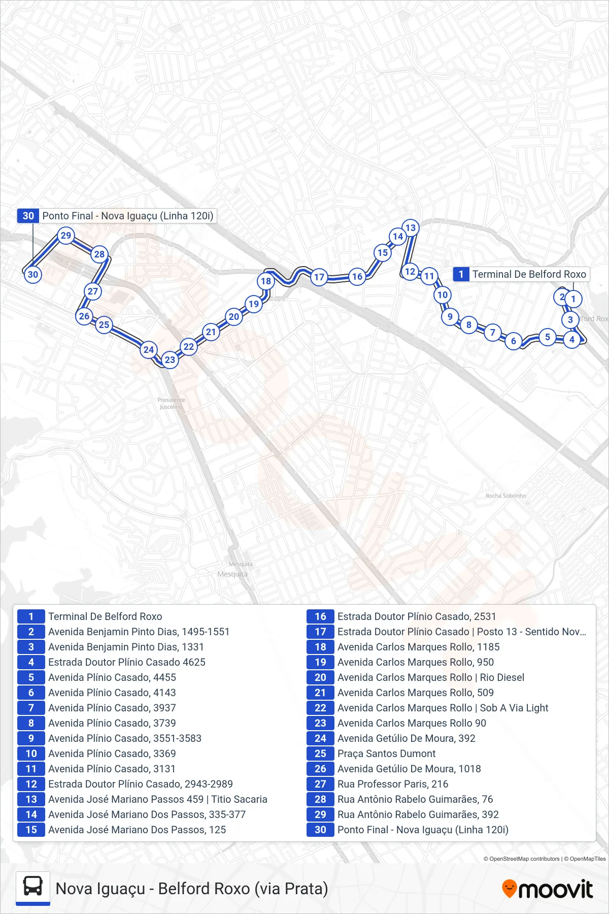 Rota e paradas da linha de ônibus 120I (Nova Iguaçu) no mapa