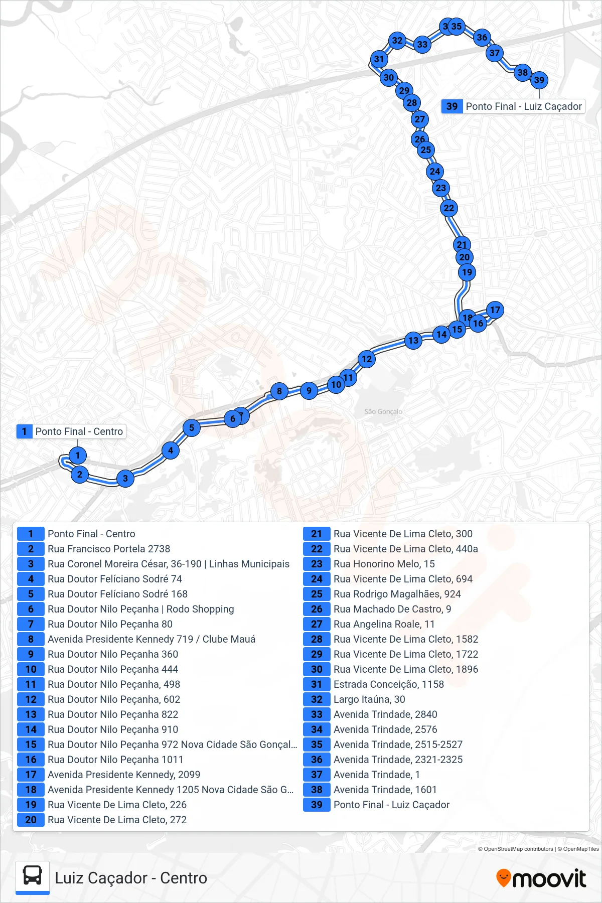 Rota e paradas da linha de ônibus 11 (Luiz Caçador) no mapa