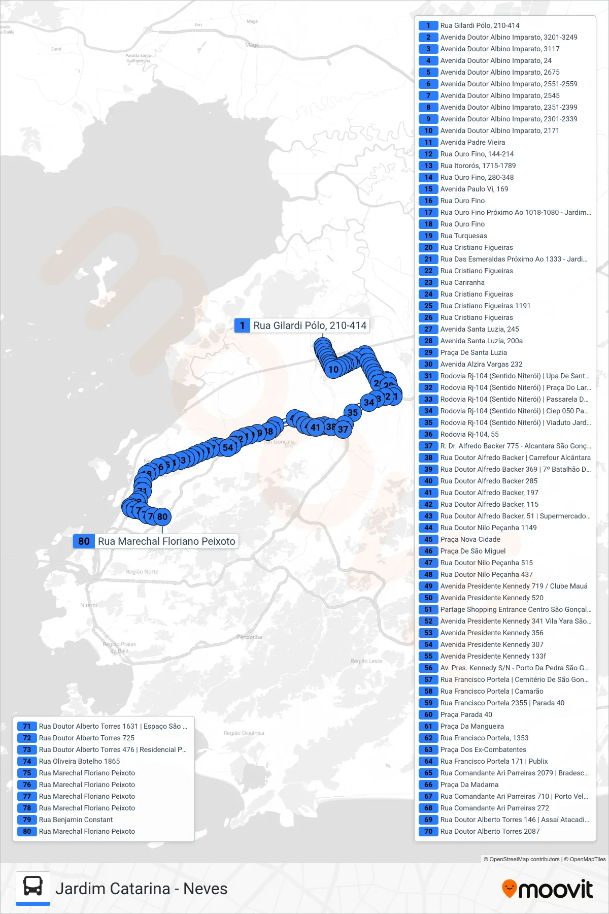 Rota e paradas da linha de ônibus  13  (Neves) no mapa