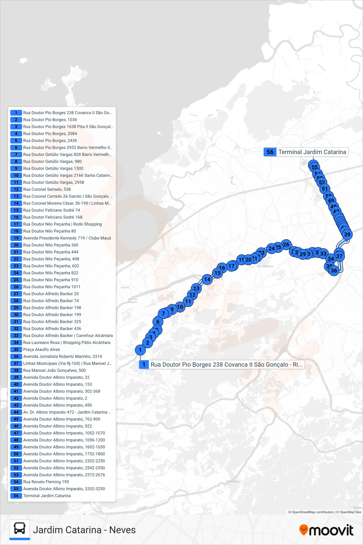 Rota e paradas da linha de ônibus  13  (Jardim Catarina) no mapa