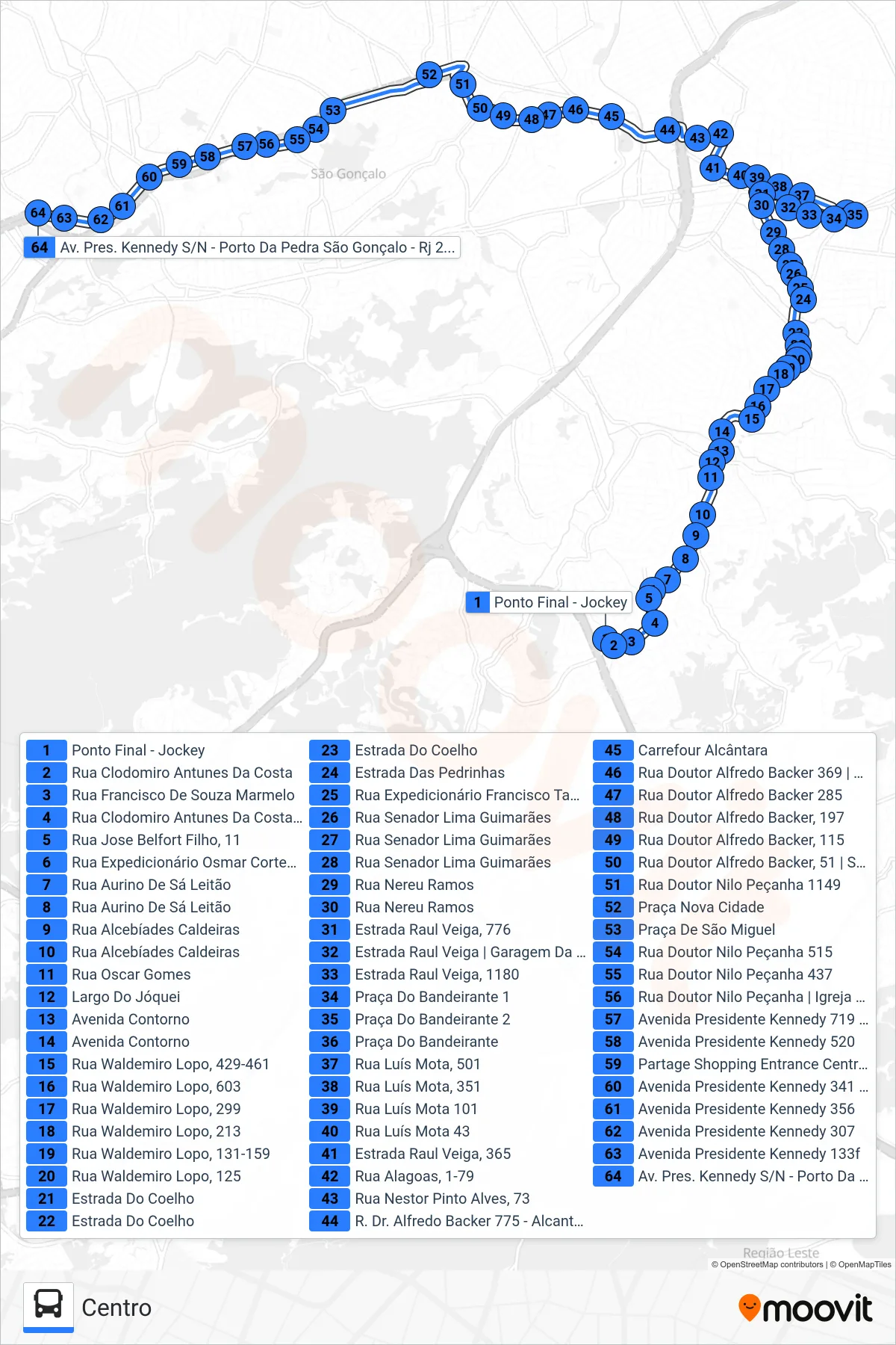 Rota e paradas da linha de ônibus  15  (Centro) no mapa