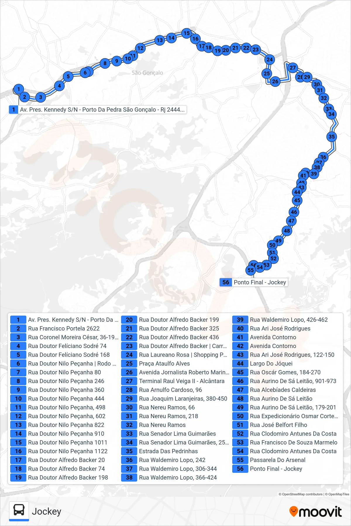 Rota e paradas da linha de ônibus 15 (Jockey) no mapa