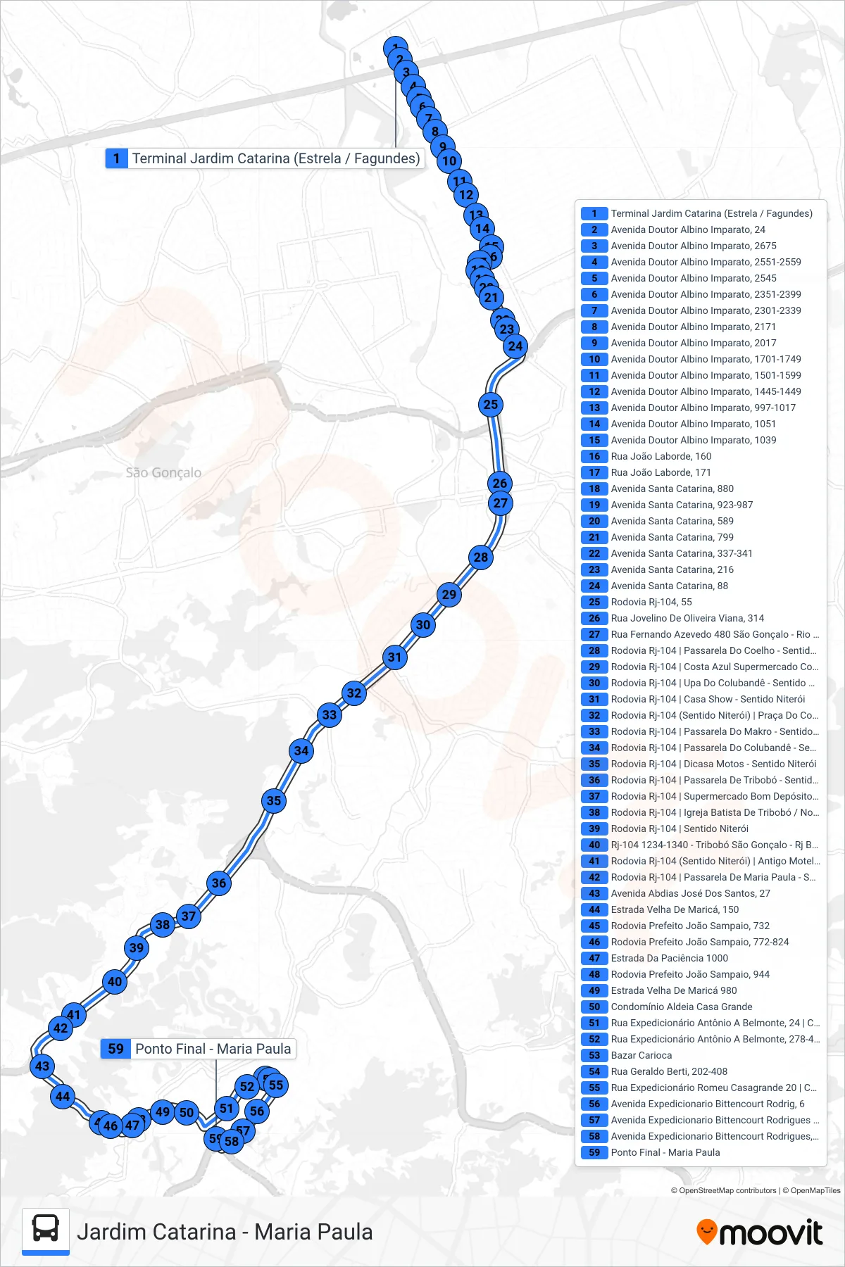 Rota e paradas da linha de ônibus 17 (Maria Paula) no mapa