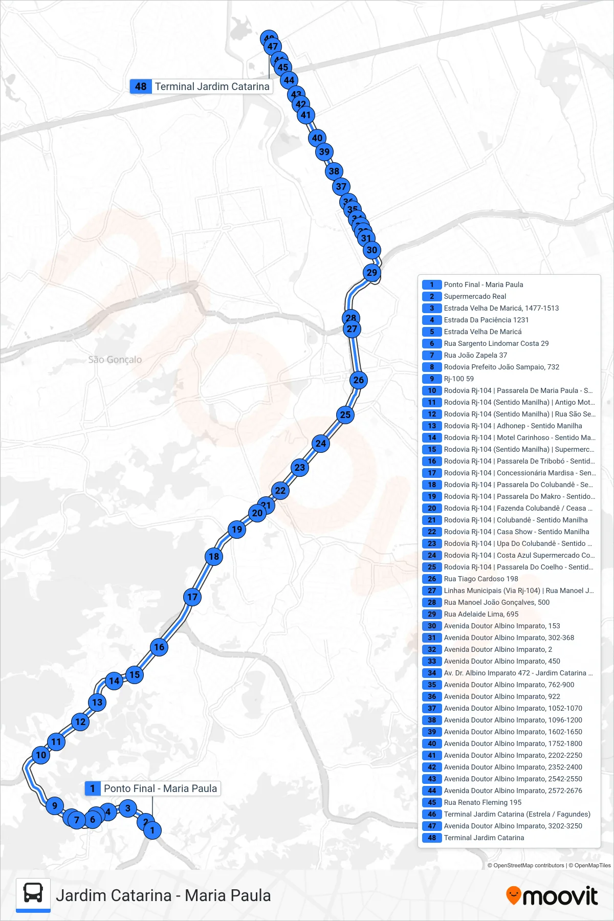 Rota e paradas da linha de ônibus  17  (Jardim Catarina) no mapa