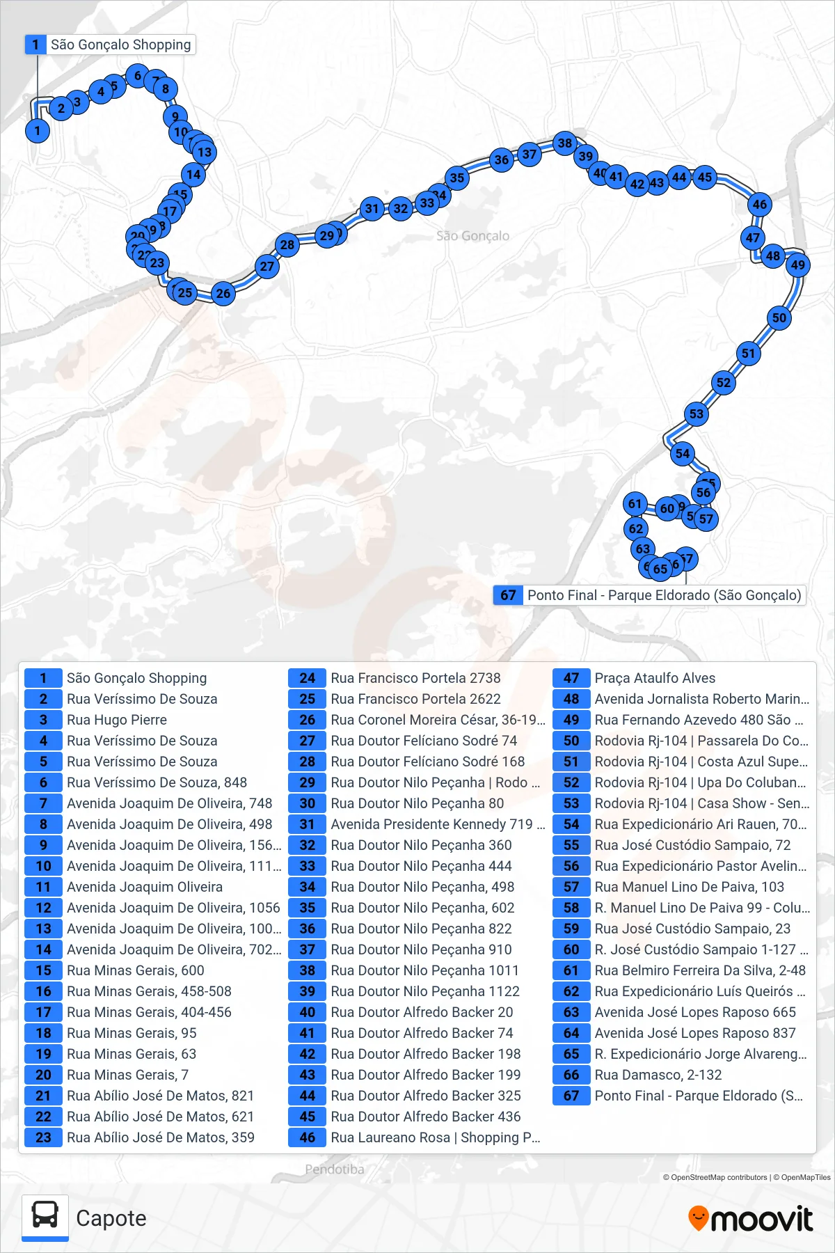 26 bus Line (Capote) route and stops on a map