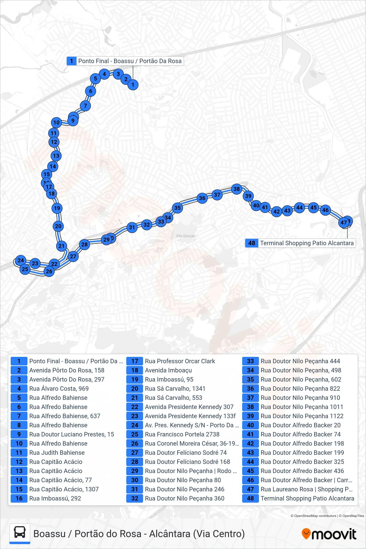 Rota e paradas da linha de ônibus 37 (Alcântara) no mapa