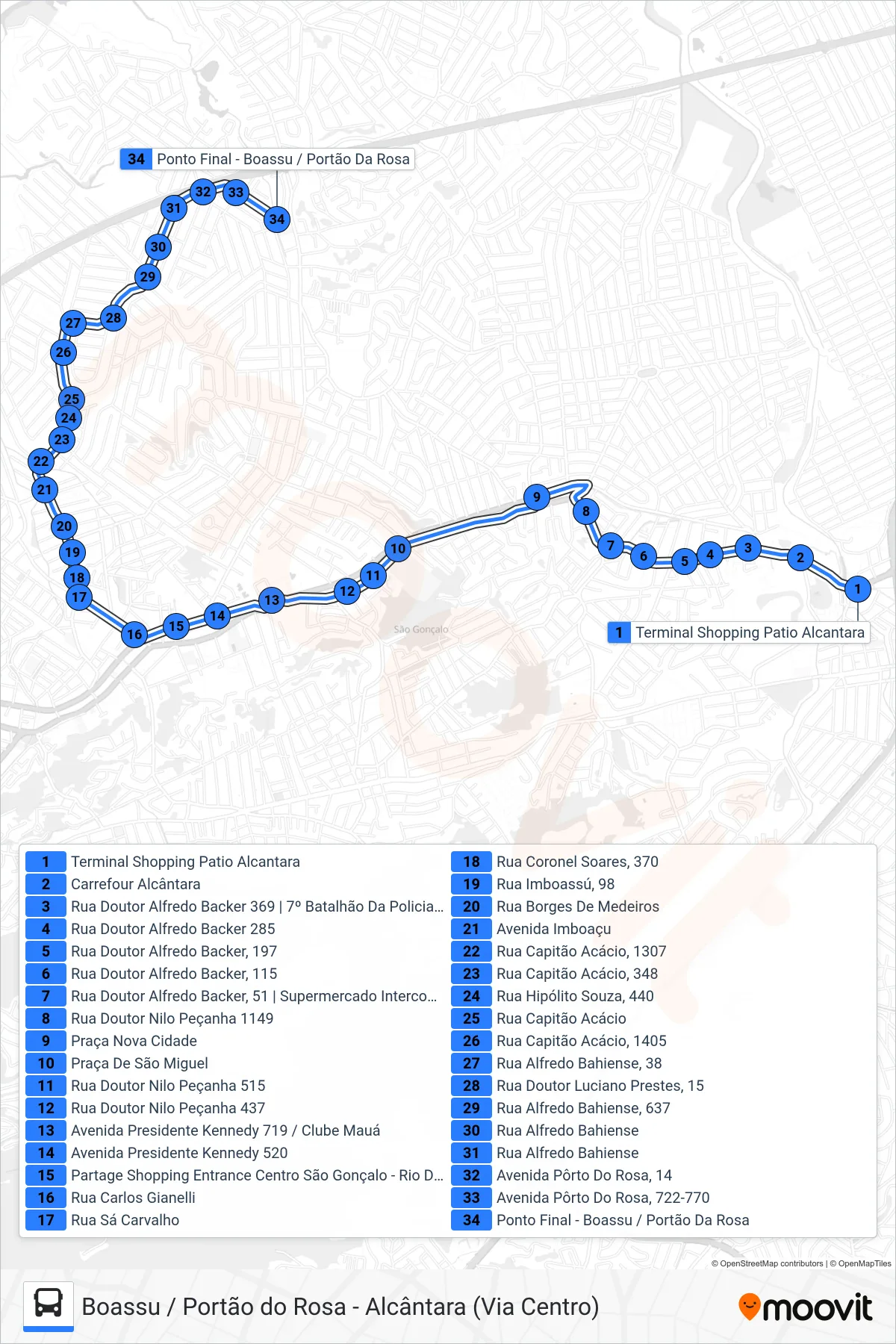Rota e paradas da linha de ônibus 37 (Boassu / Portão Do Rosa) no mapa