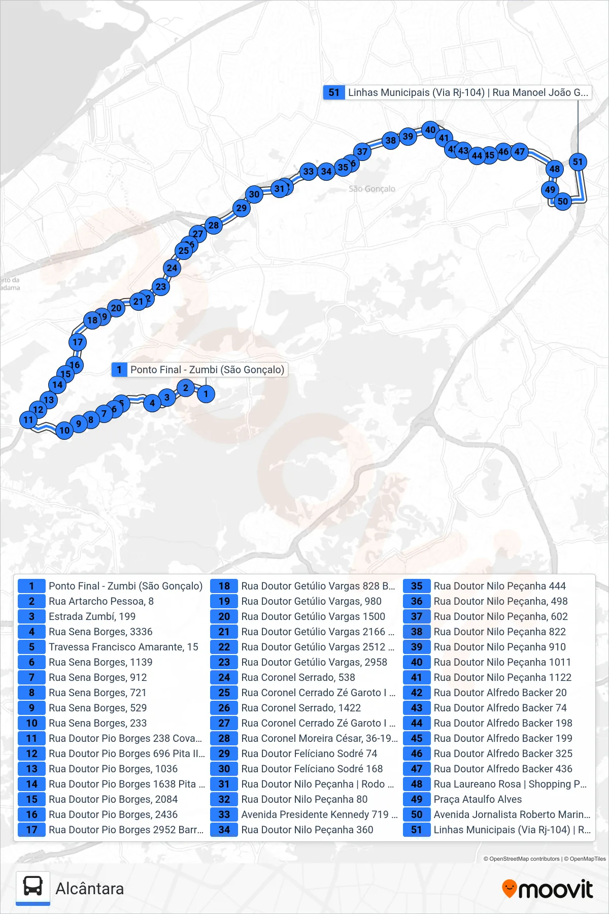 Rota e paradas da linha de ônibus 48 (Alcântara) no mapa