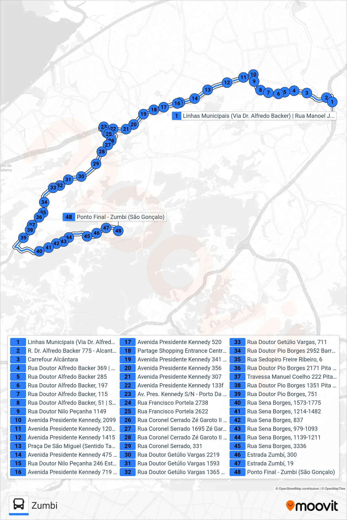Rota e paradas da linha de ônibus 48 (Zumbi) no mapa