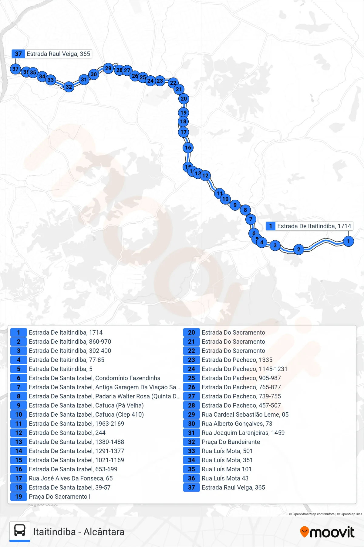 Rota e paradas da linha de ônibus 49 (Alcântara) no mapa