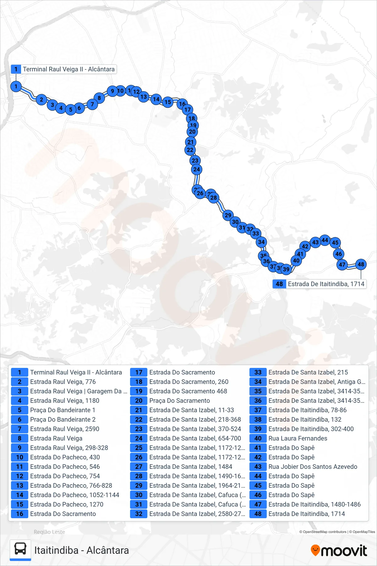 49 bus Line (Itaitindiba) route and stops on a map