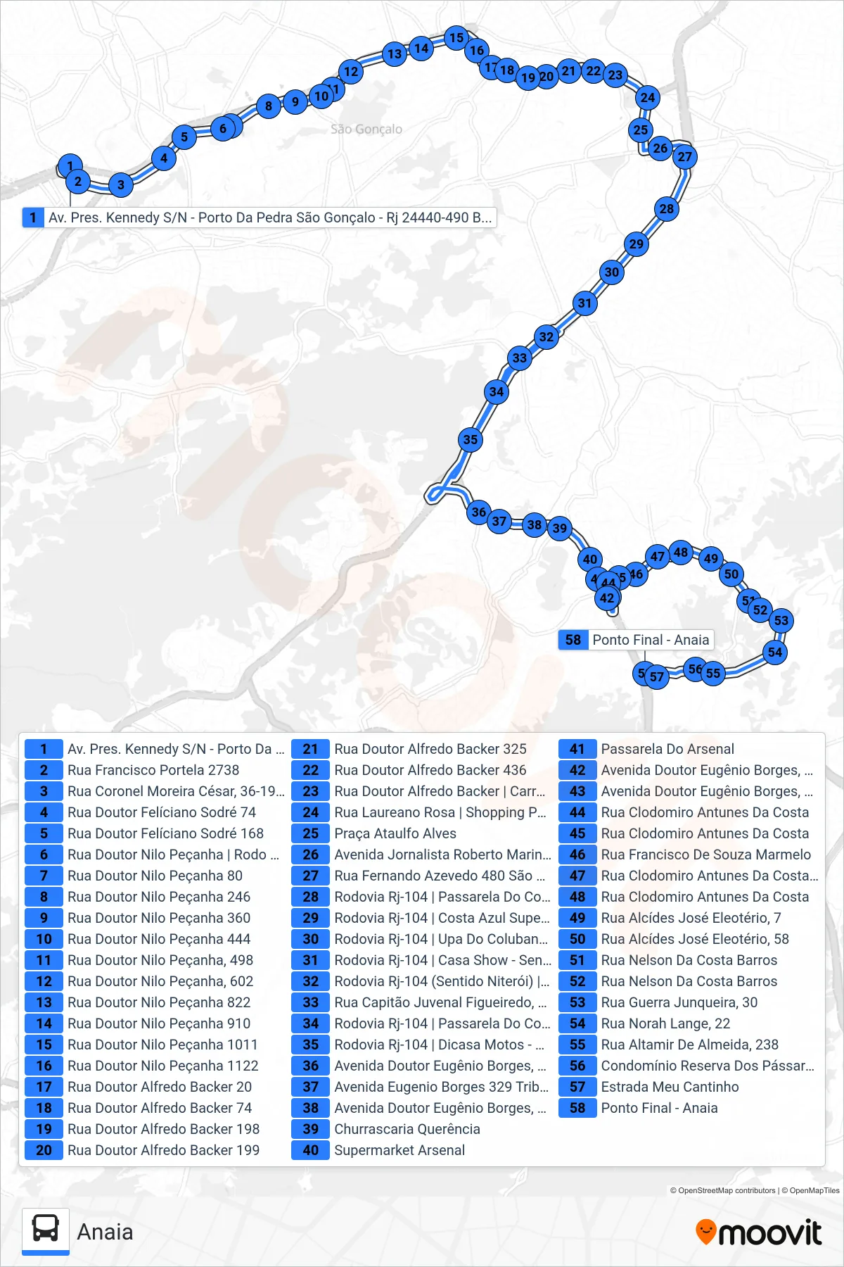 Rota e paradas da linha de ônibus 50 (Anaia) no mapa