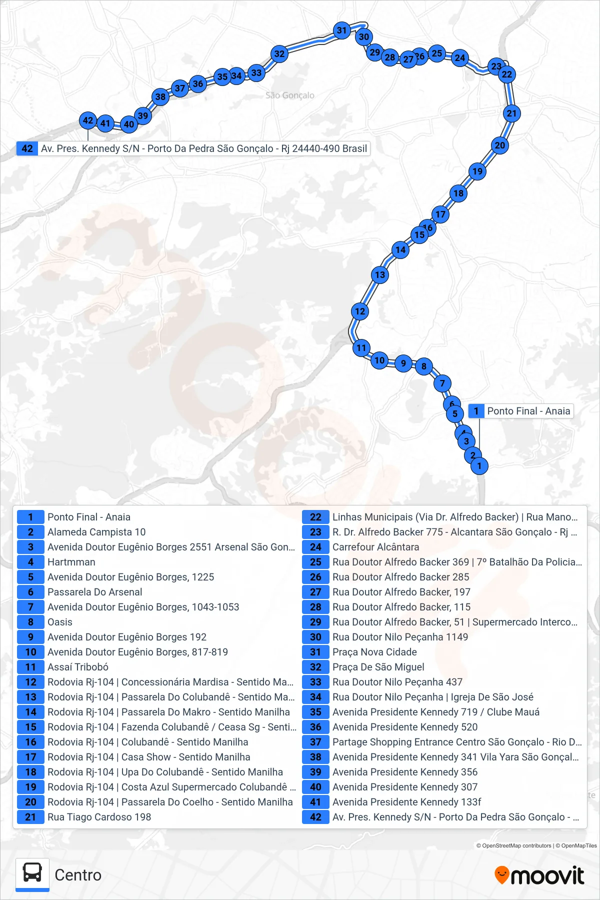 Rota e paradas da linha de ônibus 50 (Centro) no mapa