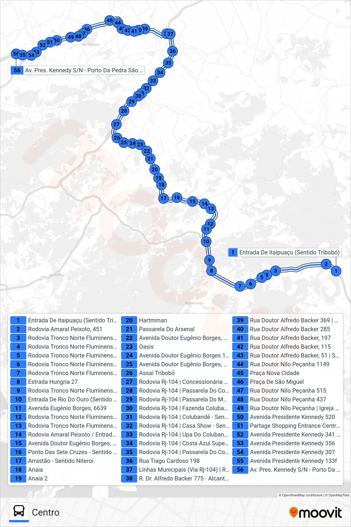 Rota e paradas da linha de ônibus 53 (Centro) no mapa