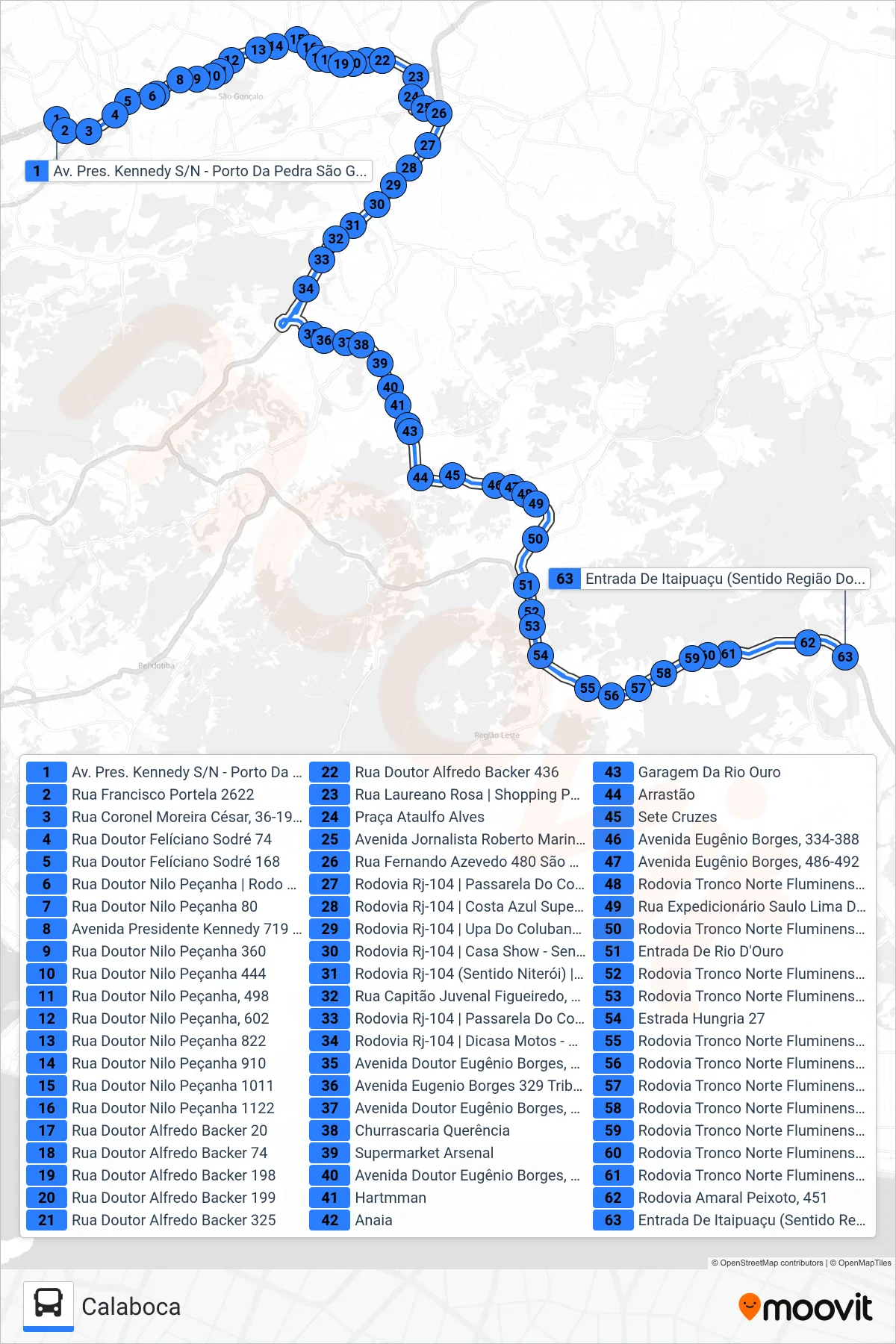 Rota e paradas da linha de ônibus 53 (Calaboca) no mapa