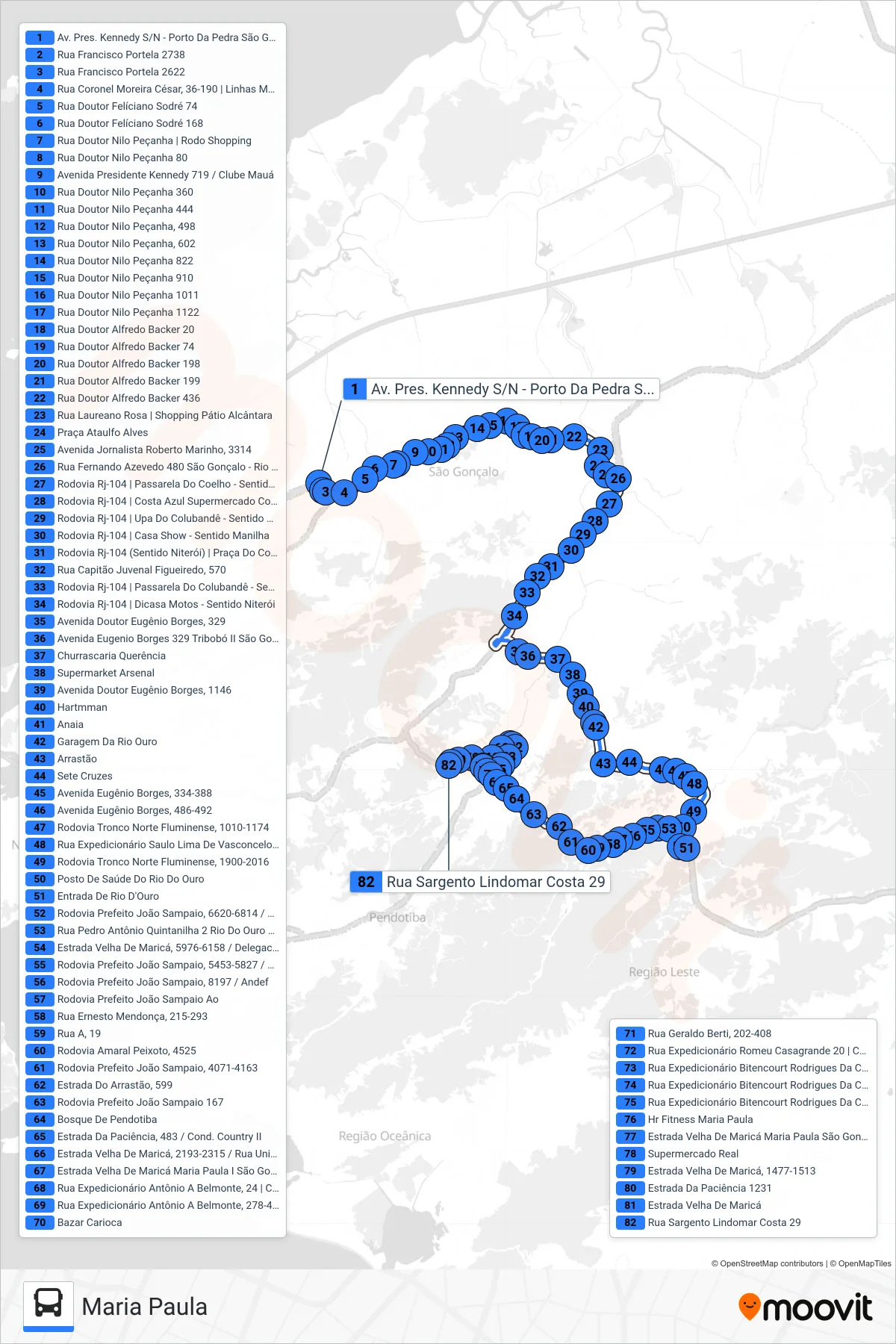 Rota e paradas da linha de ônibus 58 (Maria Paula) no mapa