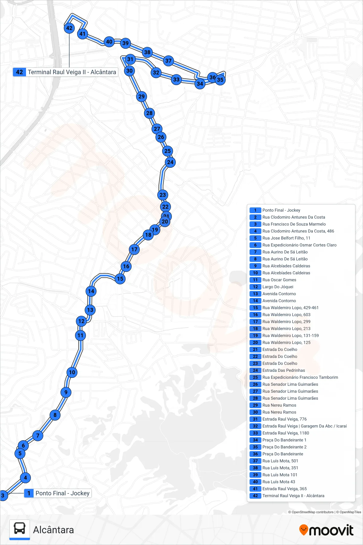 Rota e paradas da linha de ônibus  15A  (Alcântara) no mapa