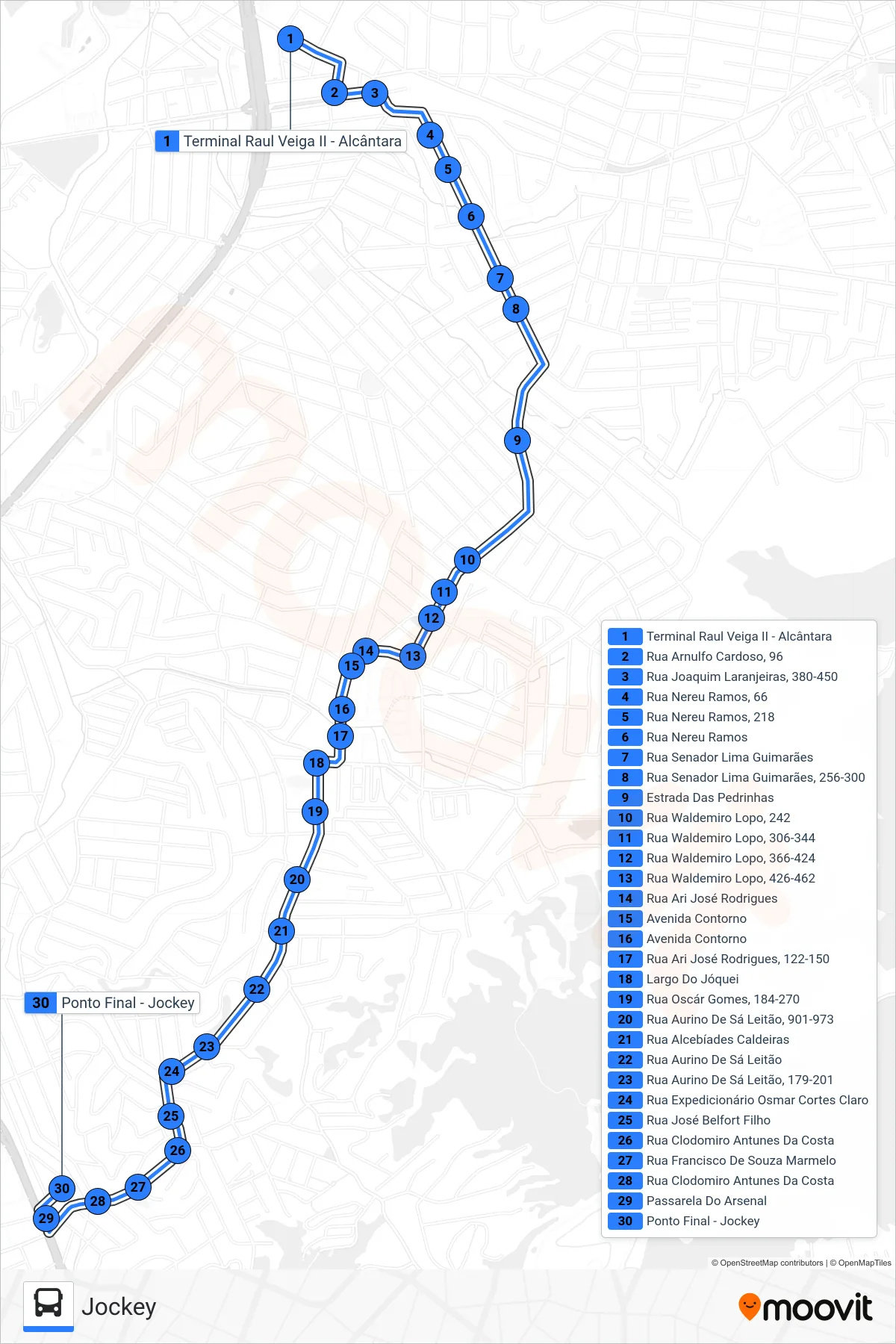 Rota e paradas da linha de ônibus 15A (Jockey) no mapa