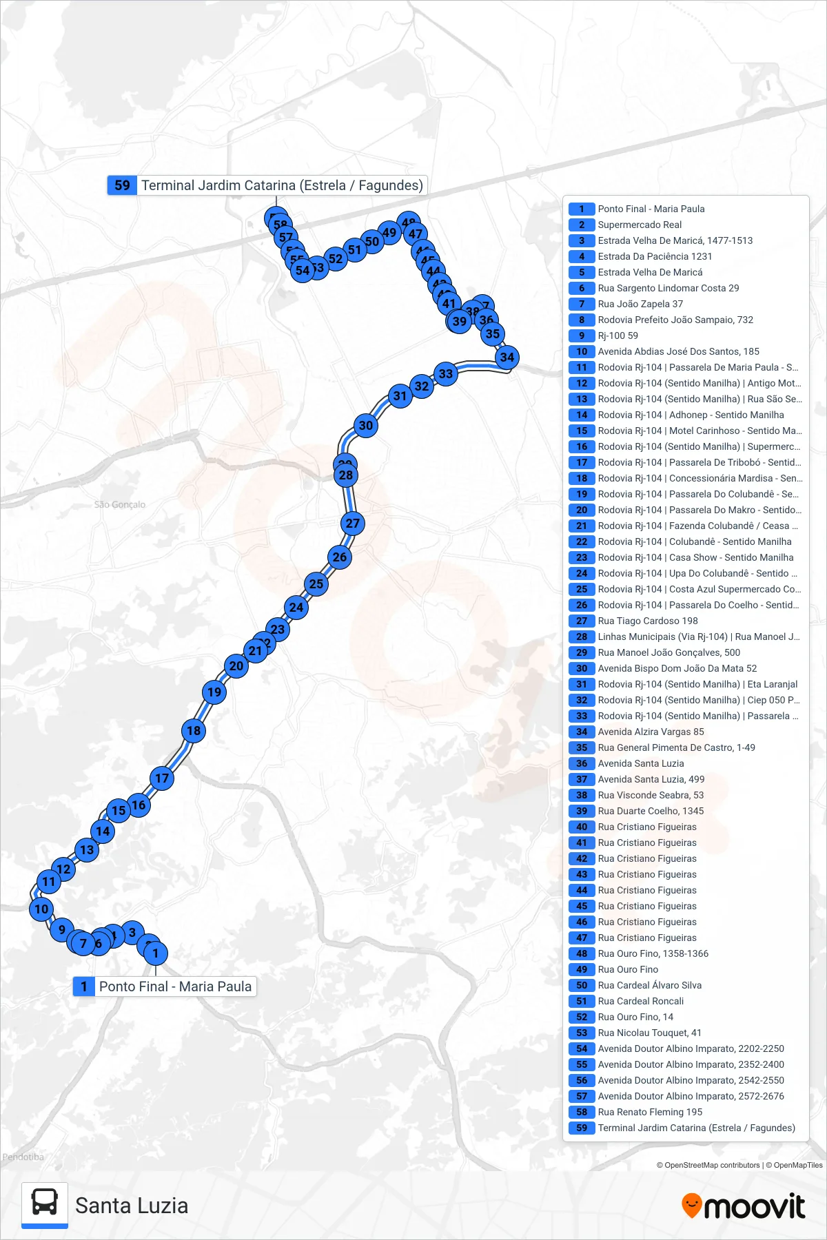 Rota e paradas da linha de ônibus 17B (Santa Luzia) no mapa