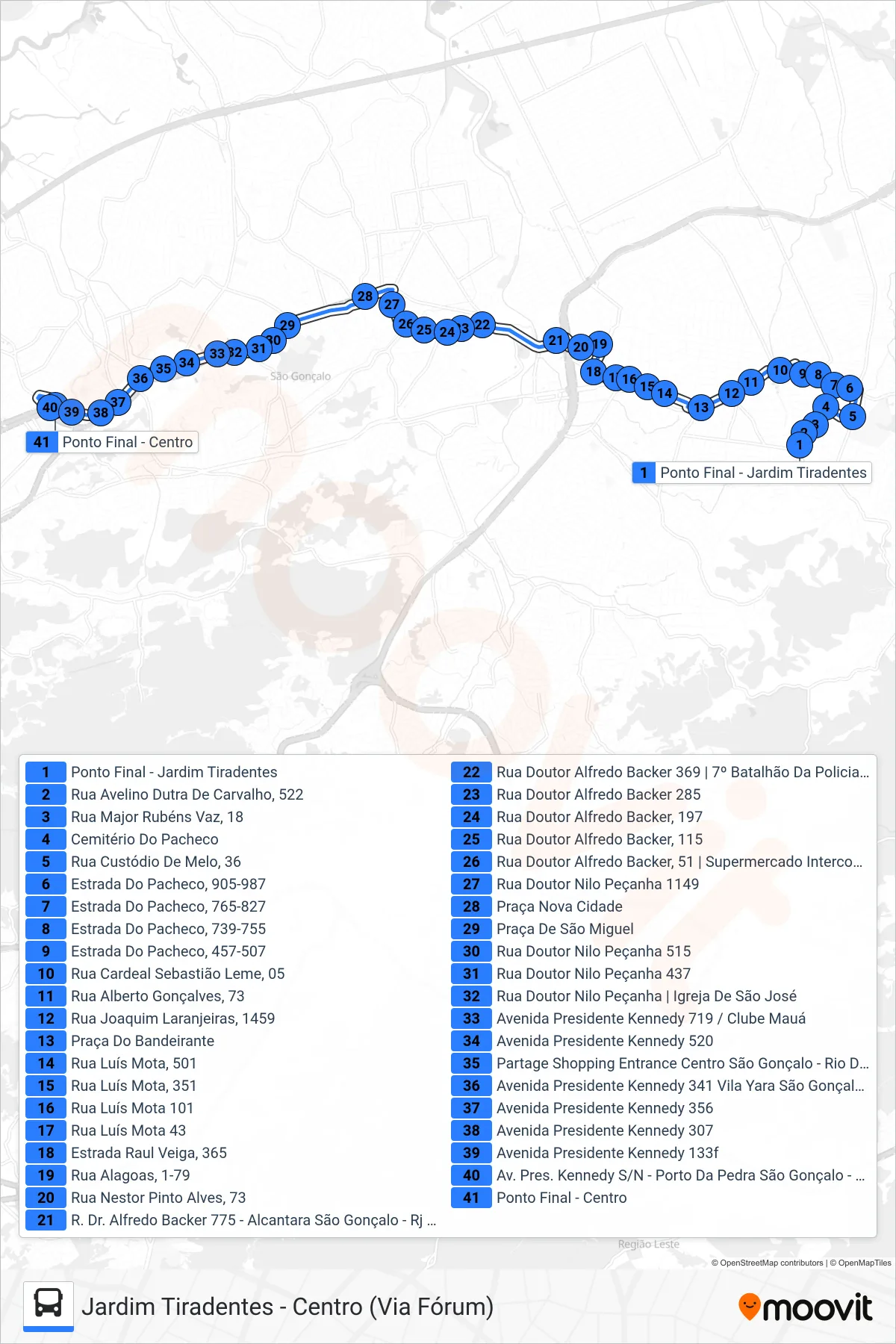 Rota e paradas da linha de ônibus 25A (Centro) no mapa