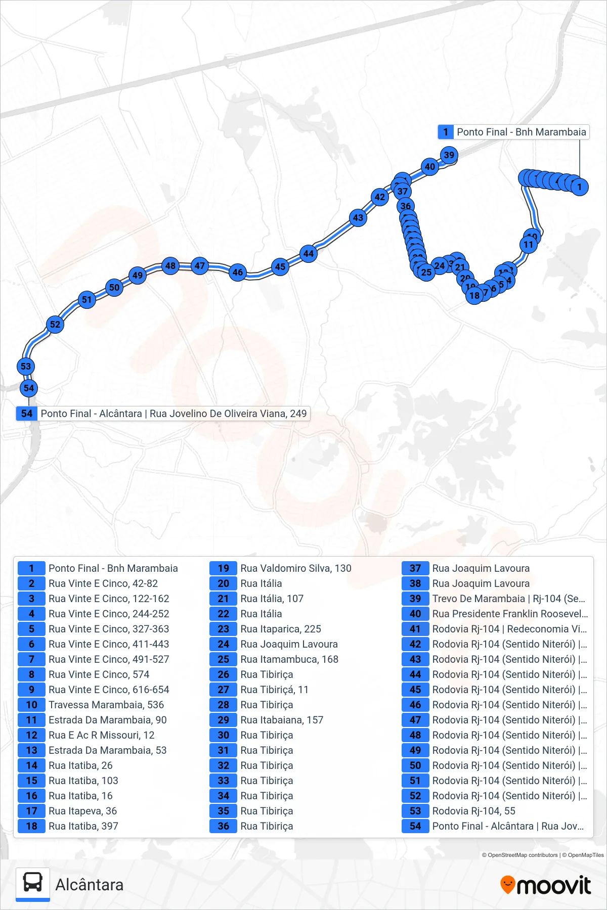Rota e paradas da linha de ônibus  39A  (Alcântara) no mapa