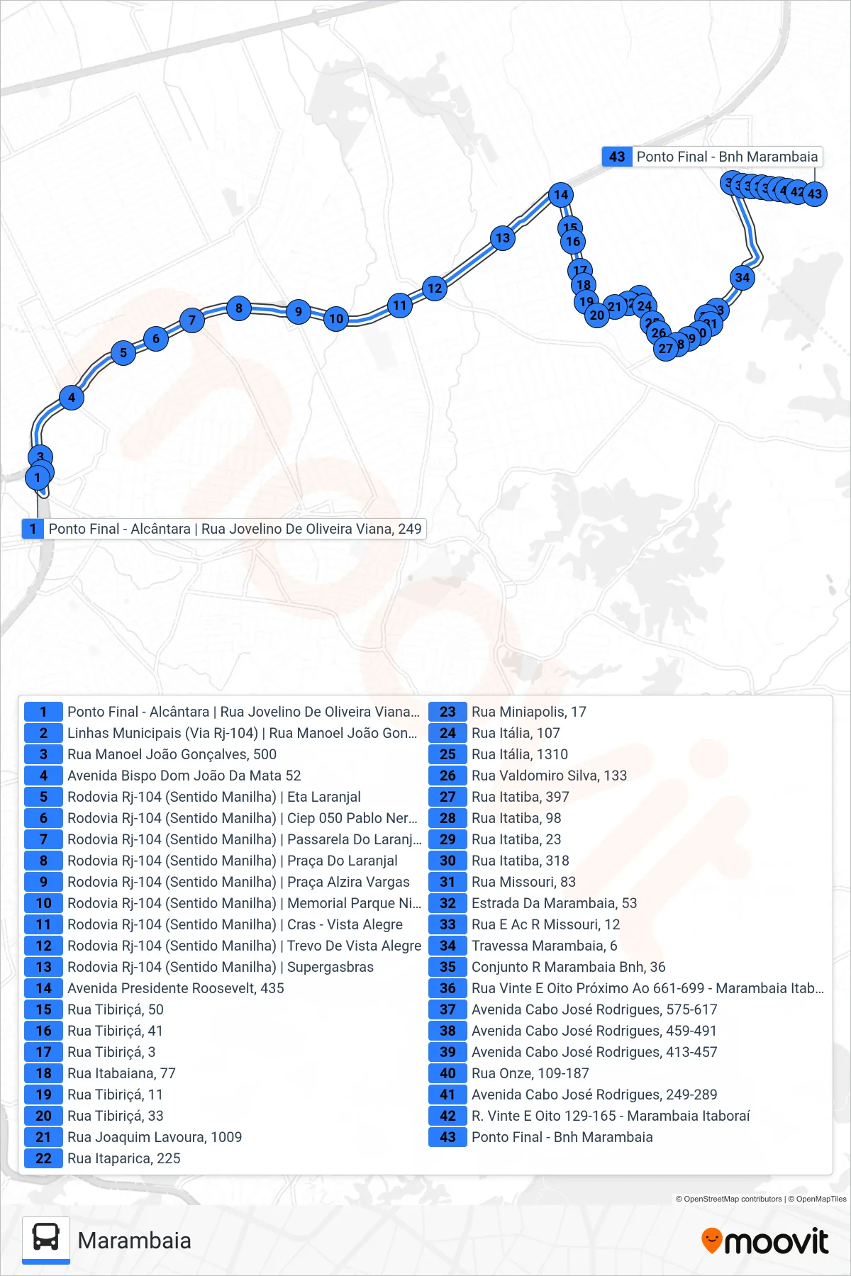 Rota e paradas da linha de ônibus 39A (Marambaia) no mapa