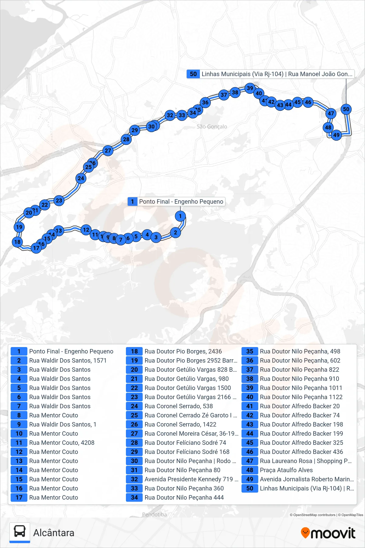 Rota e paradas da linha de ônibus  48A  (Alcântara) no mapa
