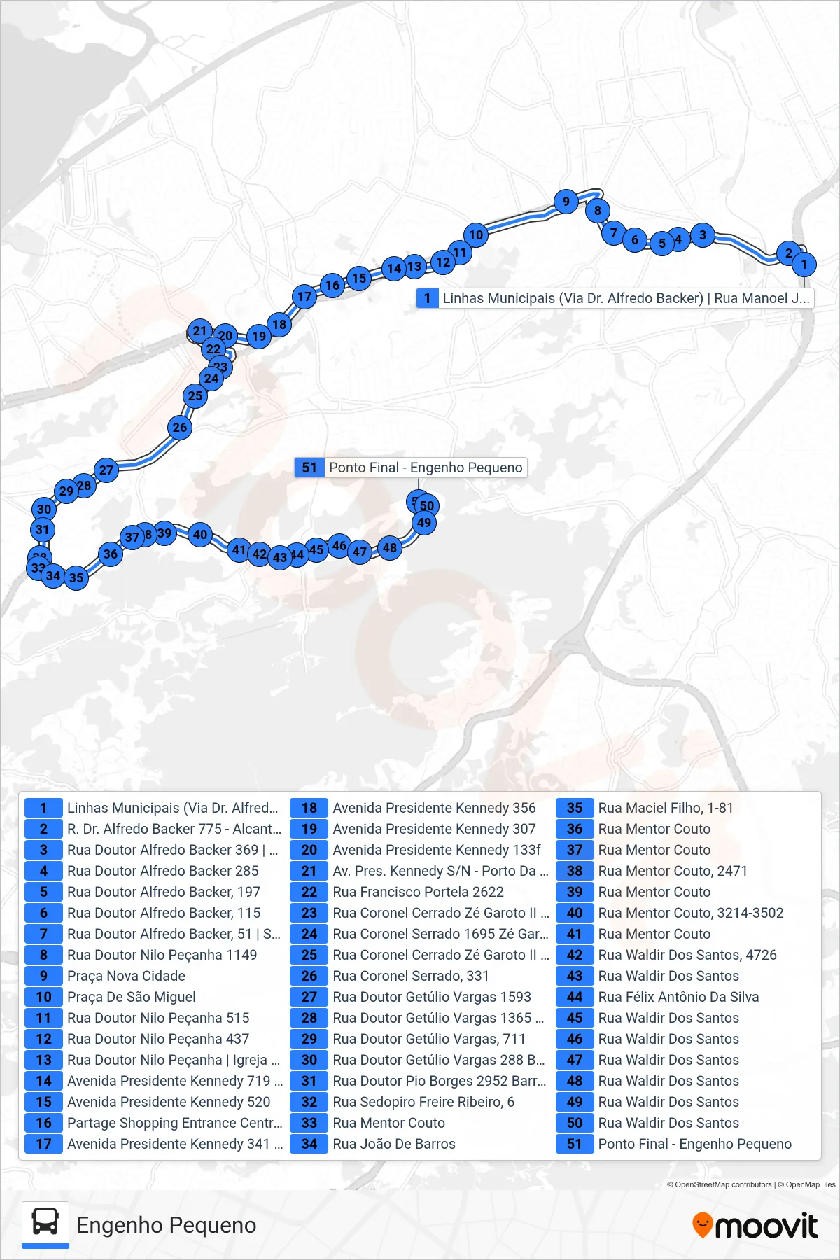 Rota e paradas da linha de ônibus 48A (Engenho Pequeno) no mapa