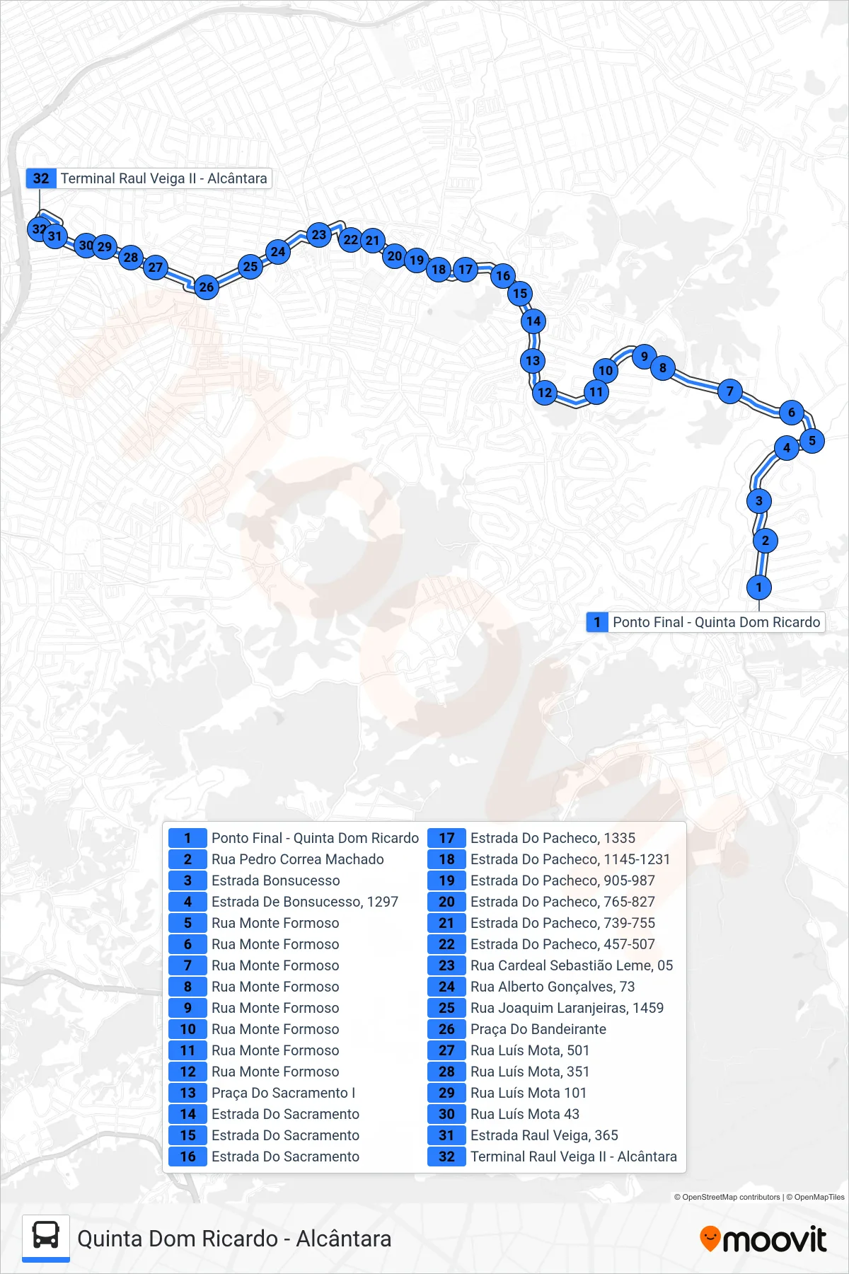 Rota e paradas da linha de ônibus  49A  (Alcântara) no mapa